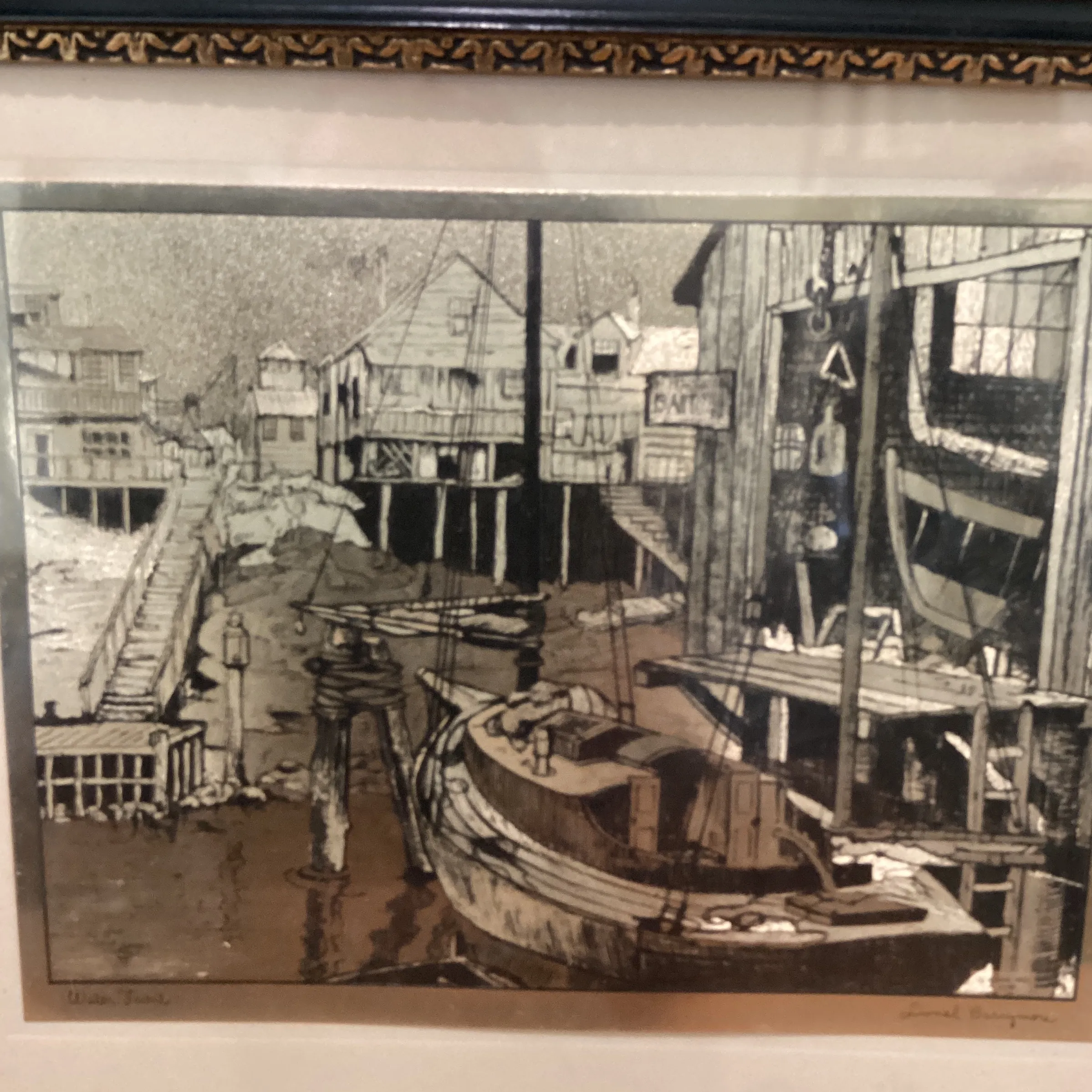 Mid 20th Century Vintage Lionel Barrymore Nautical Motif Gold Foil Print, Framed