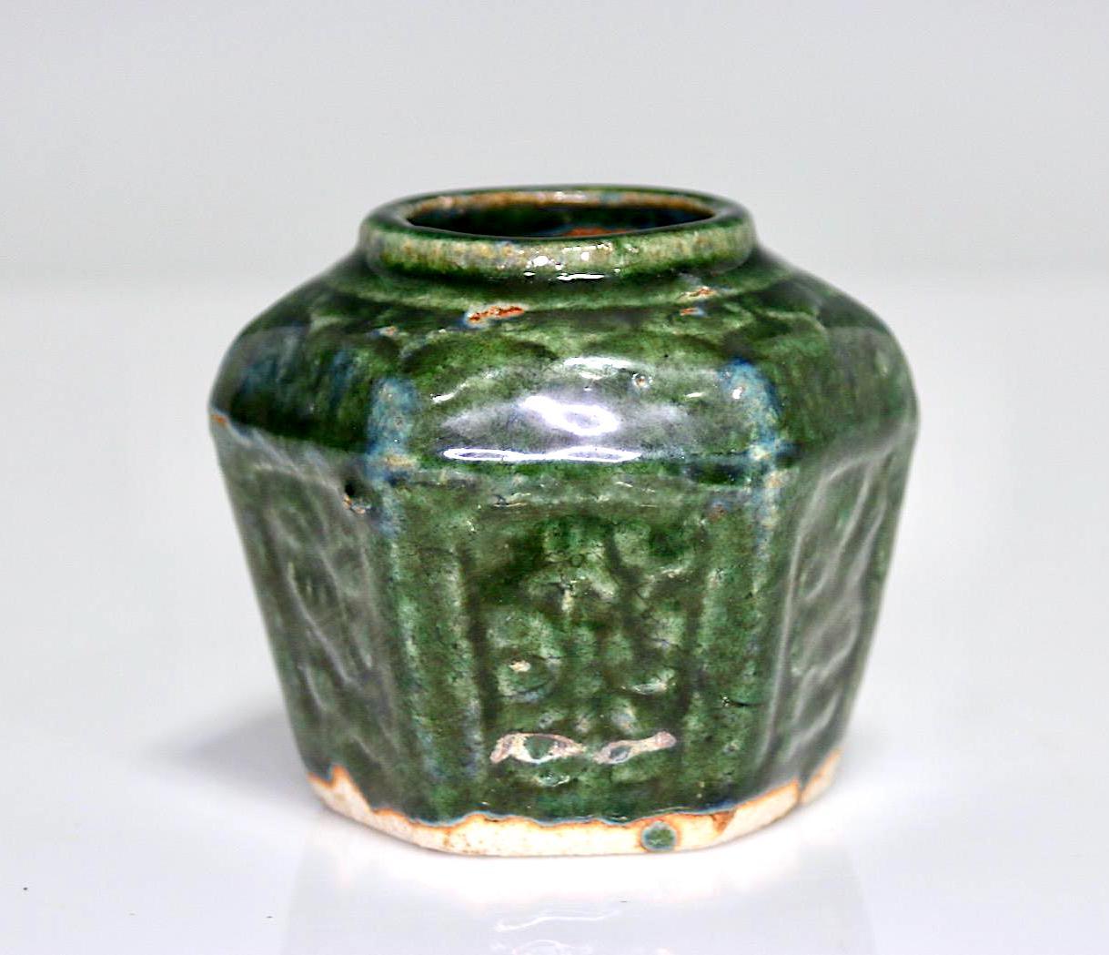 Antique Chinese Hexagonal Shiwan Green Stoneware Jar or Vase, Incised  Decoration With Turquoise Glaze