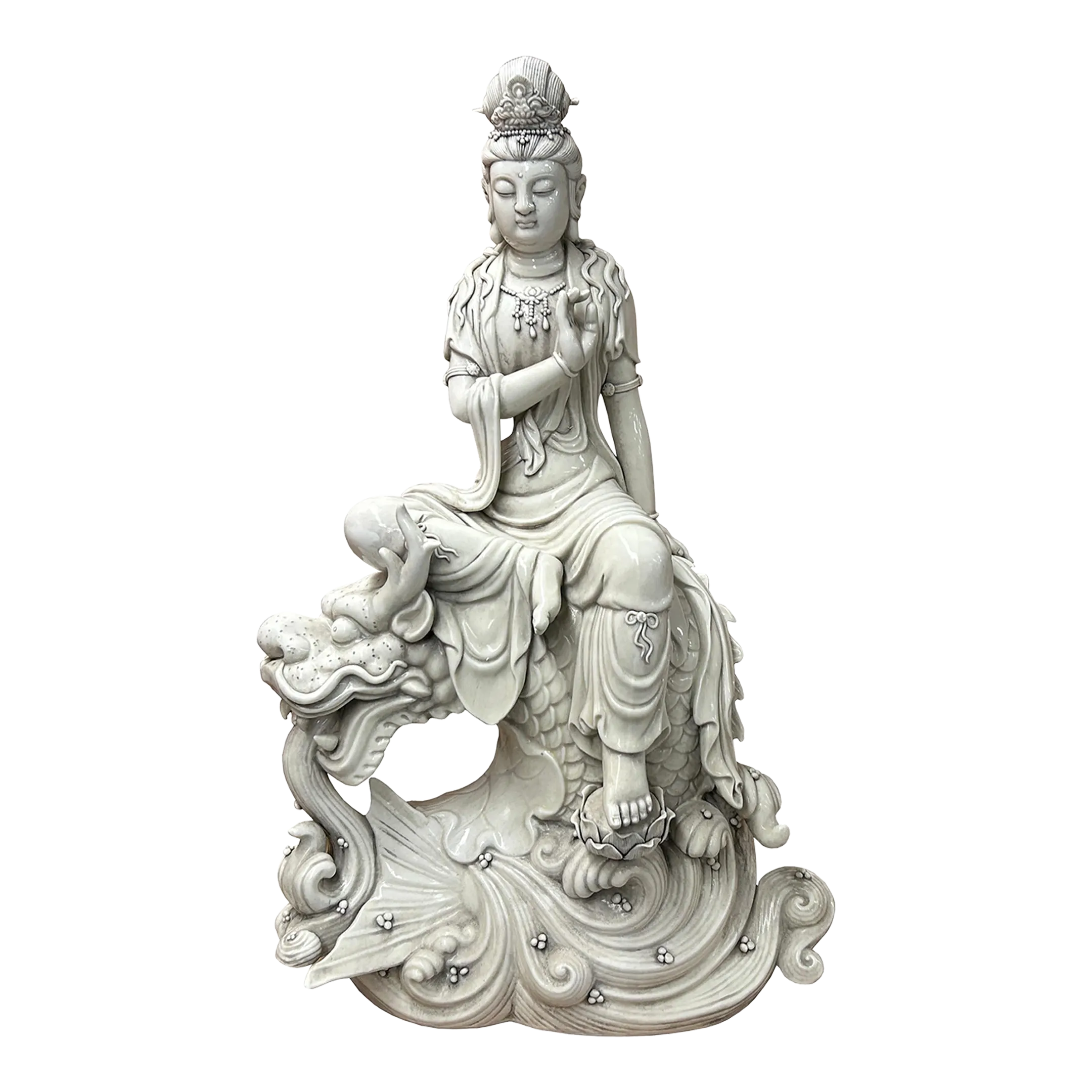 Chinese Handcrafted GuanYin Bodhisattva on Dragon White Porcelain Statue