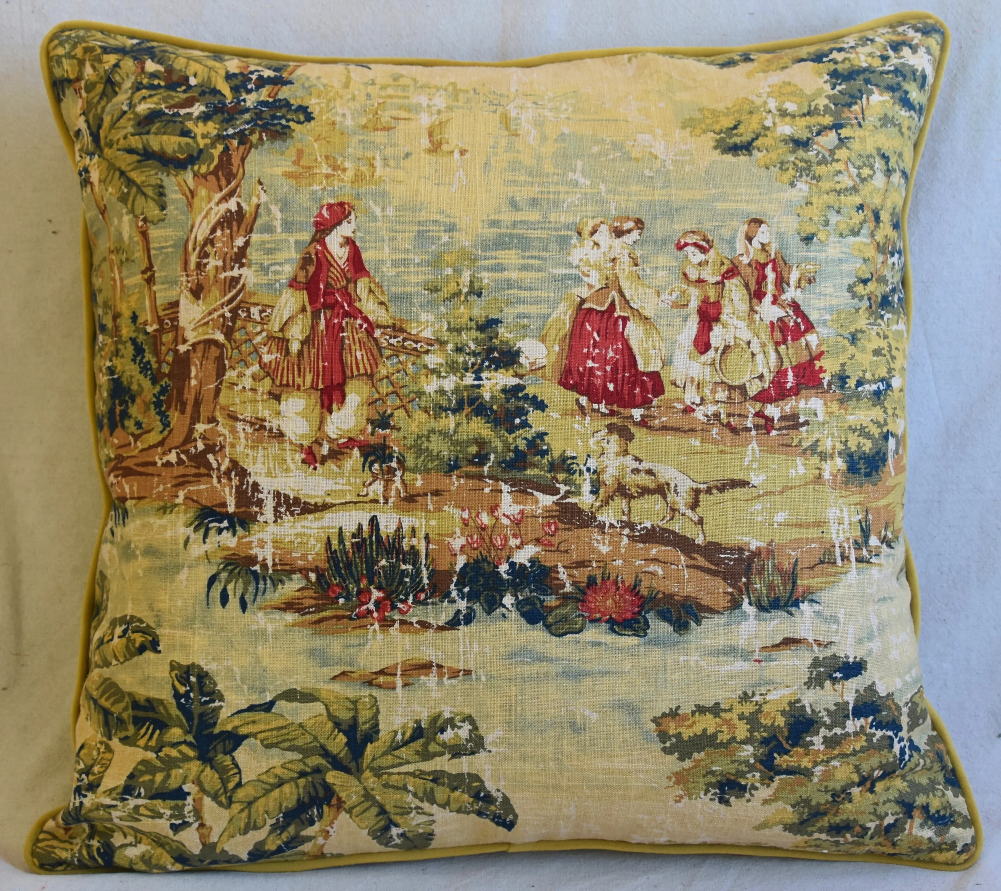 Romantic French Country Toile Linen \u0026 Velvet Feather/Down Pillow 24\, image size:3474x3090