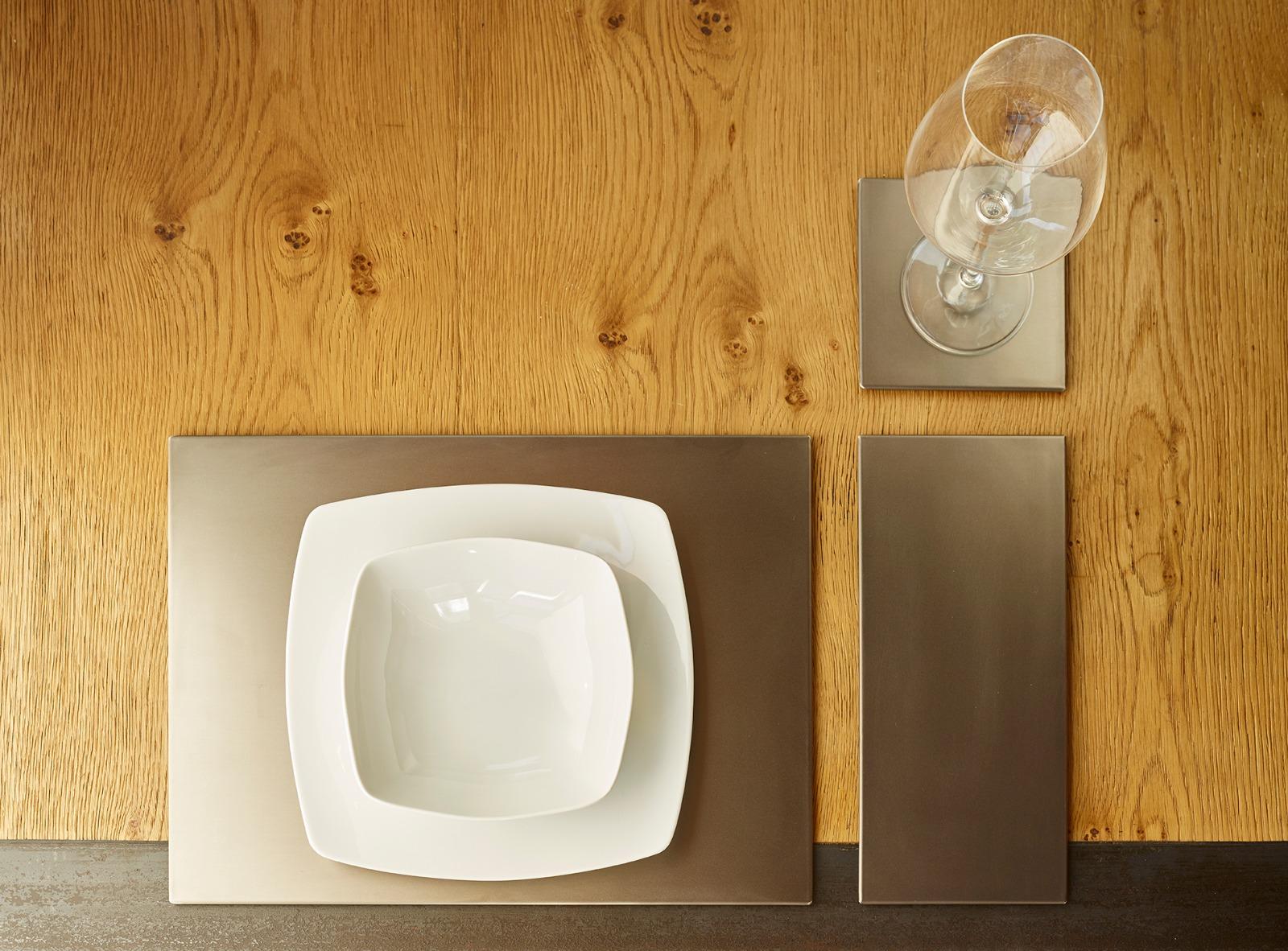 Opis Table Set in Polished Embossed Stainless Steel with Coasters, Placemats & Cutlery Mats by Alberto Grassi, Set of 6
