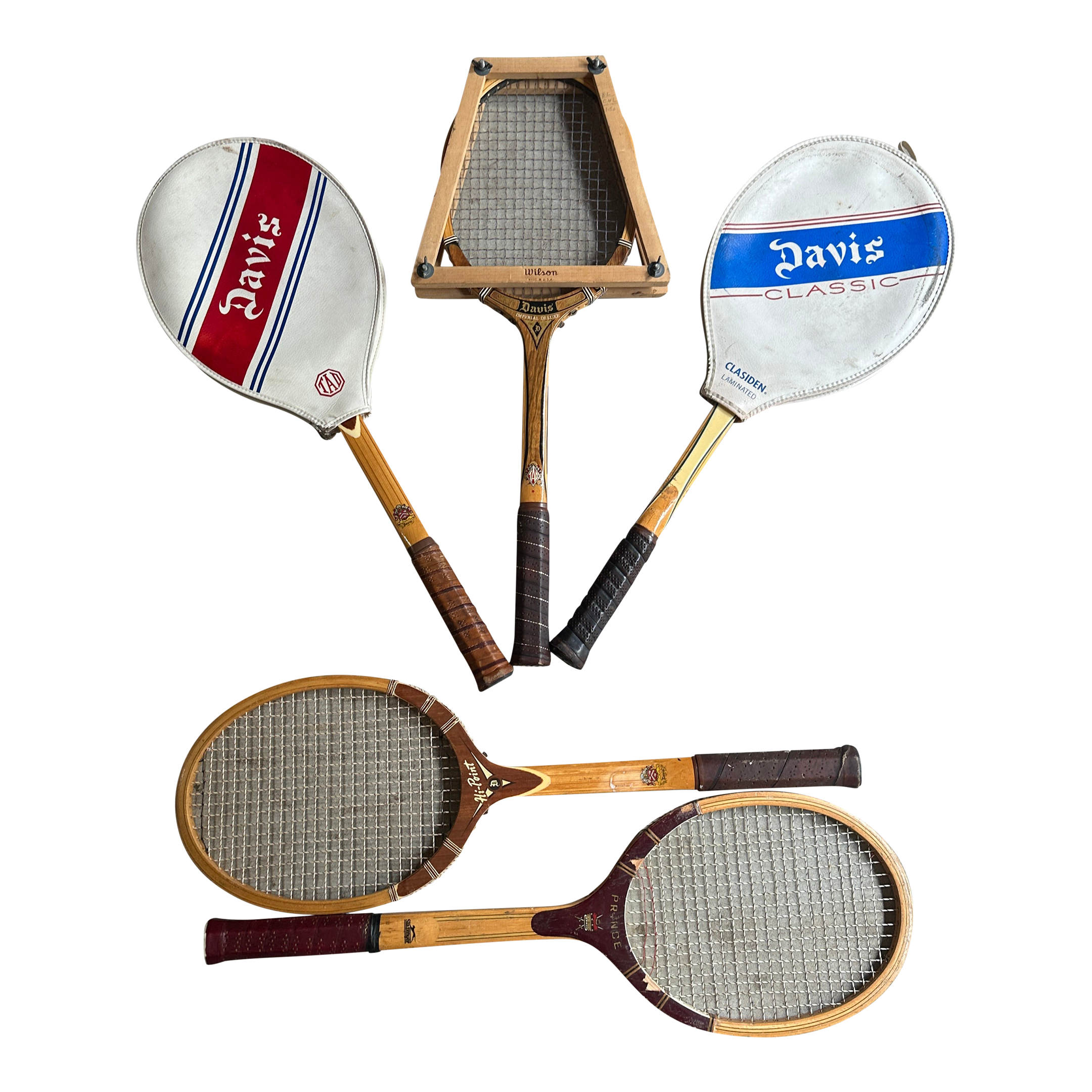 Vintage Collection of Wooden Tad Davis Tennis Rackets With Covers