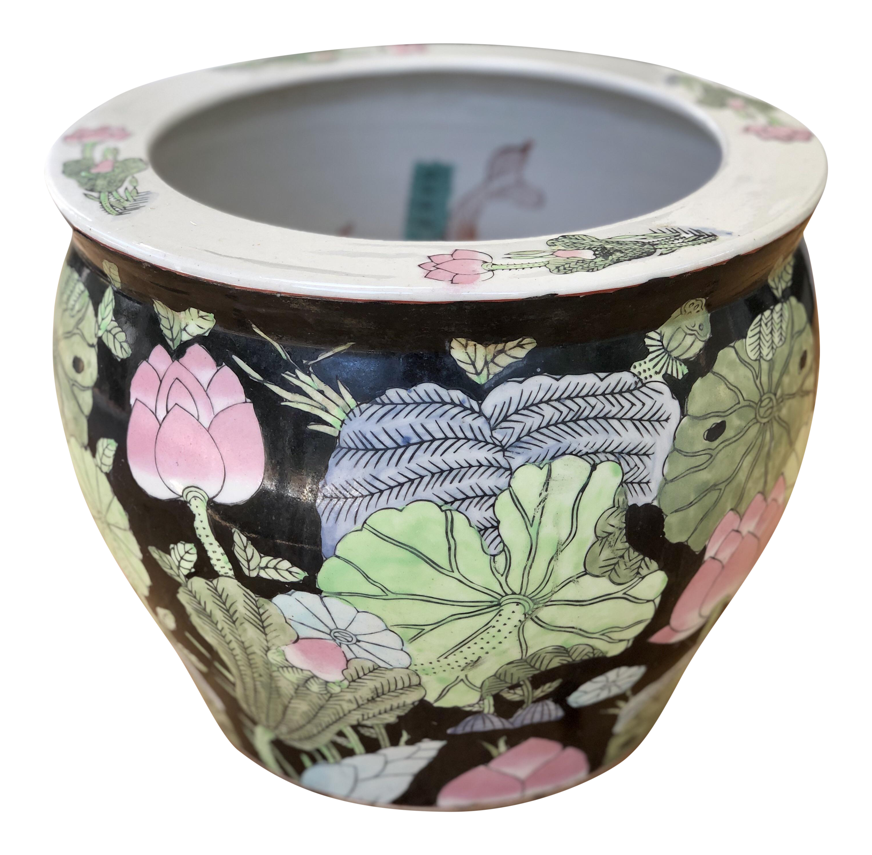 Chinese Famille Noir Hand Painted Ceramic Fish Bowl Jardiniere