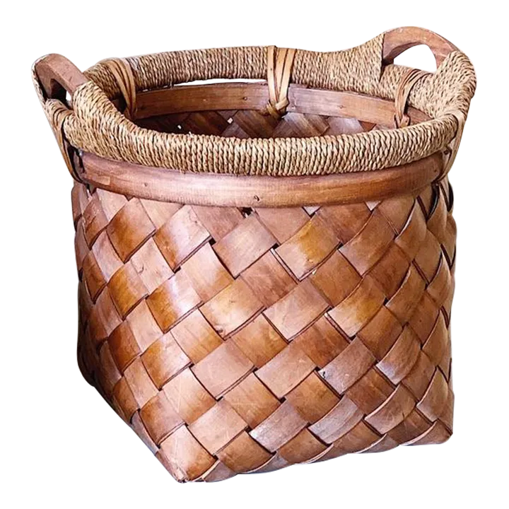 Vintage Woven Reed and Twine Wood Basket With Handles Chairish