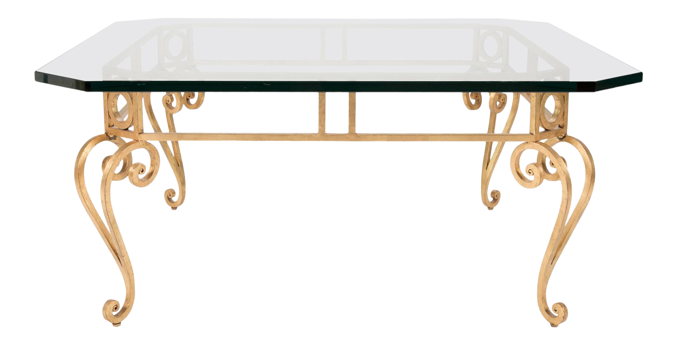 Hollywood Regency Mid Century Modern Gilt Iron Glass Top Coffee Table