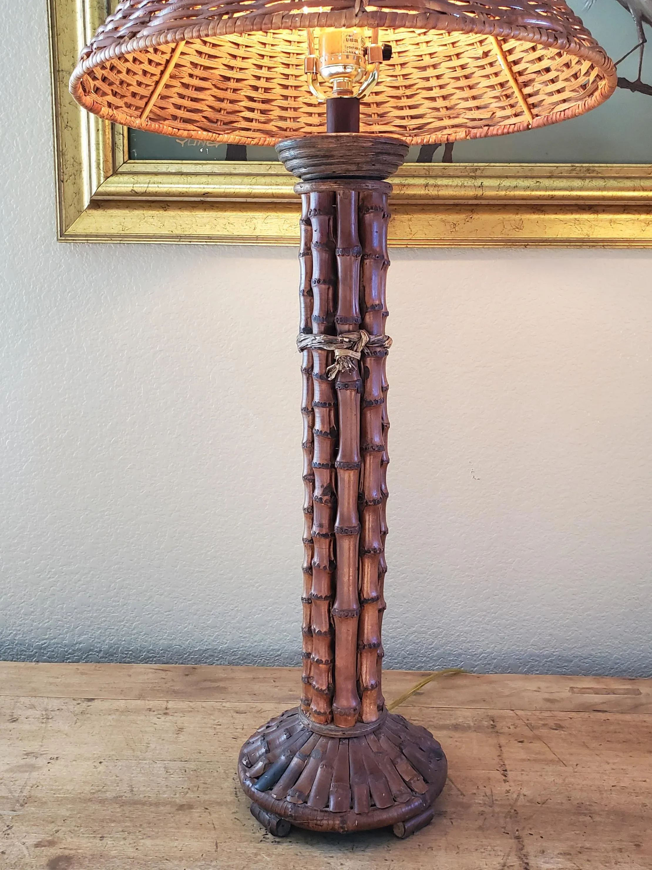 Vintage Pair Mid 20th Century Rattan Bamboo Table Lamps With