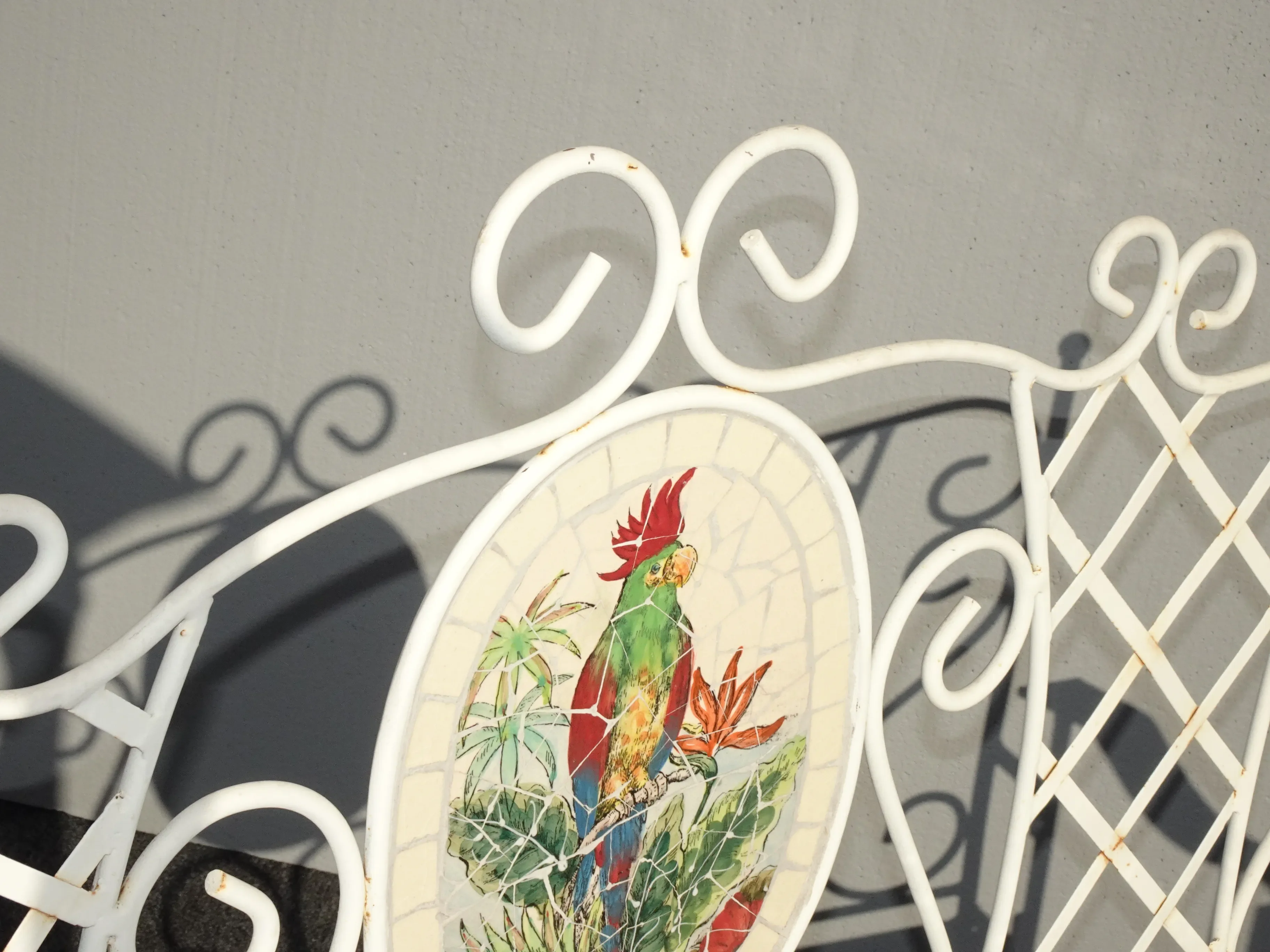 Vintage French Country White Wrought Iron Tiled Bench W Parrots Two Seater