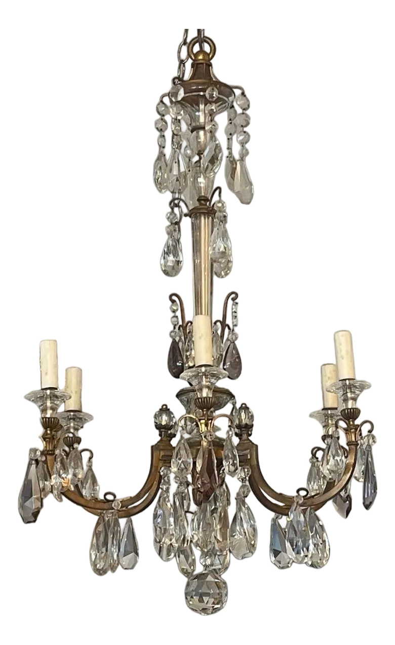 Bronze Chandelier With Clear & Amethyst Cut Crystal. France, 1920\'s.