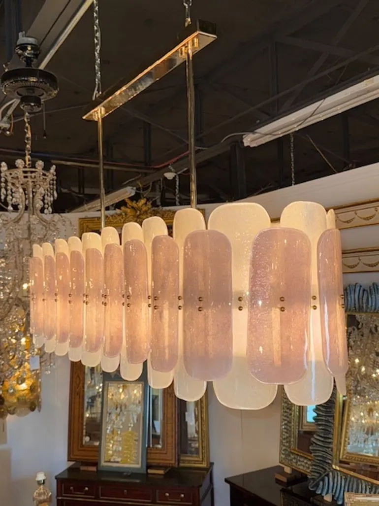 Modern Frost and Pink Murano Glass and Brass Oval Chandelier