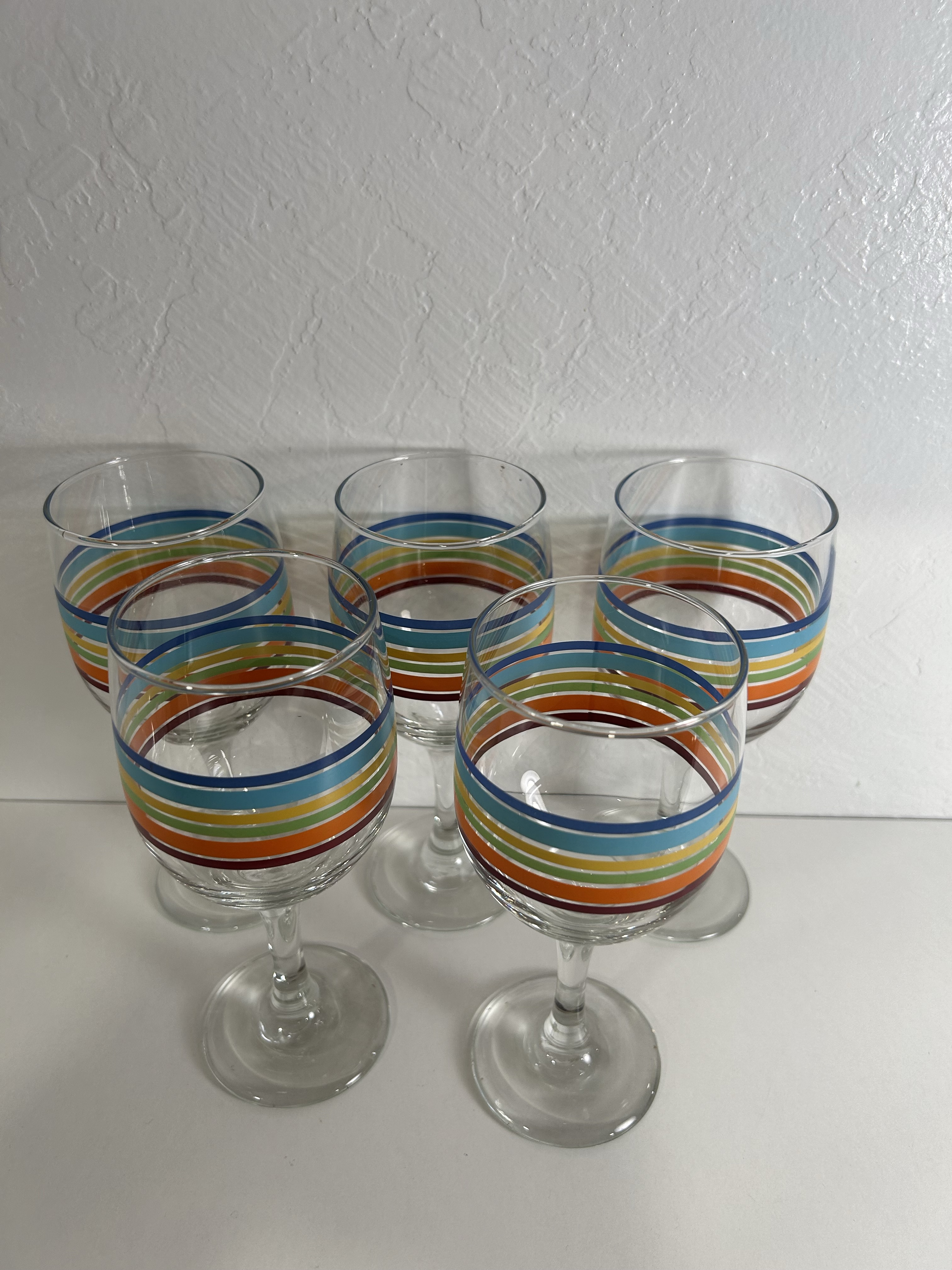 1970's Set of 5 Colorful Rainbow Striped Fiesta Ware Wine - Water Goblets