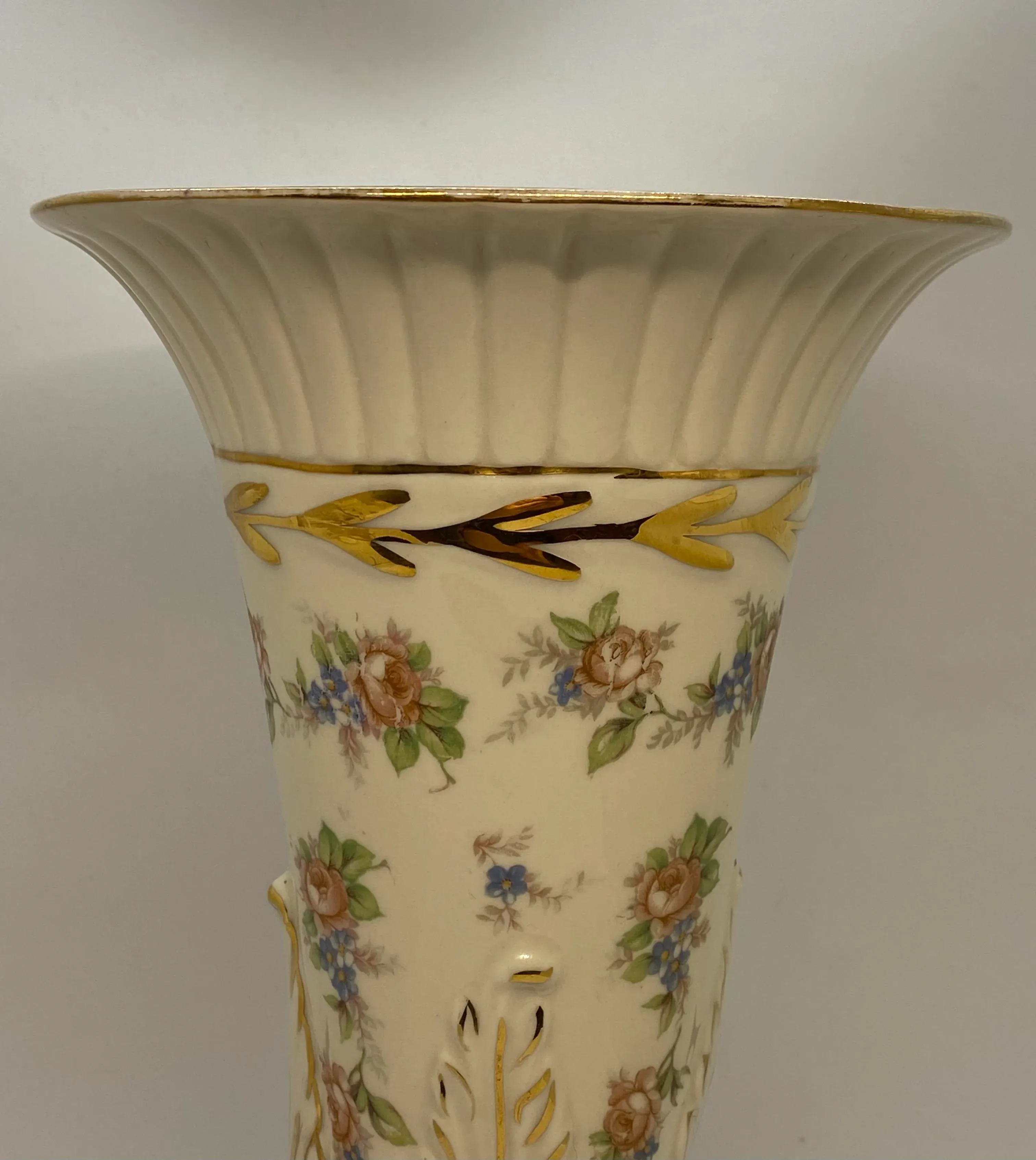 1940’s English Hand Decorated “Eaton China” Vases With Pink Roses & Blue Posies Design - a Pair