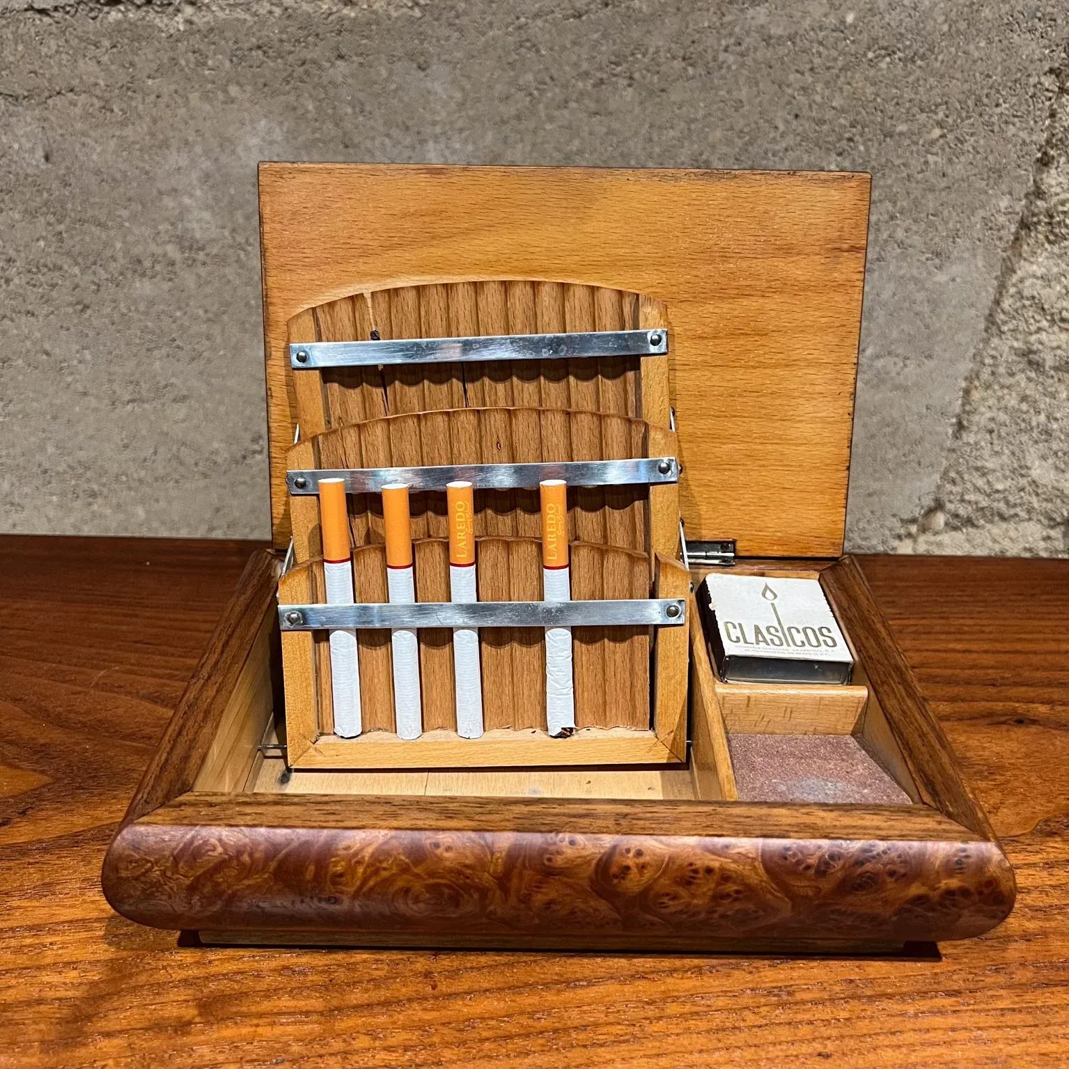 old wooden cigarette boxes Vintage Cigarette Dispenser Burlwood Box