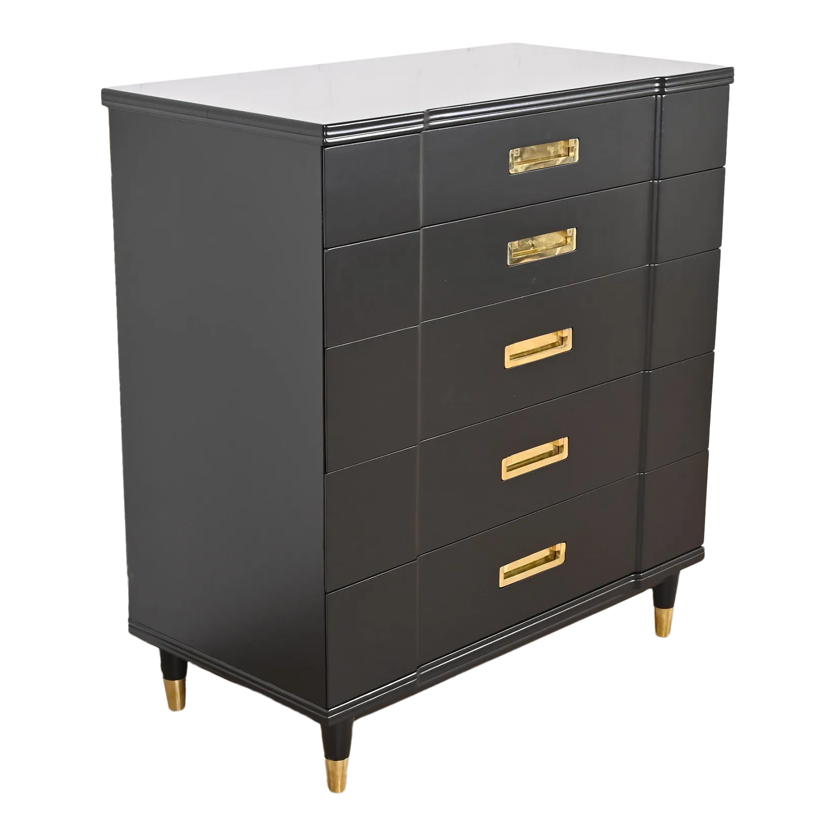 John Widdicomb Hollywood Regency Campaign Black Lacquered Highboy Dresser,  Newly Refinished
