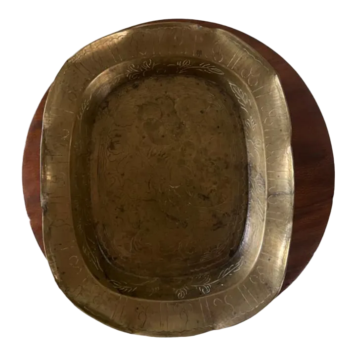 Heavy Vintage Footed Brass Tray Etched Design Ruffle Edge Oval