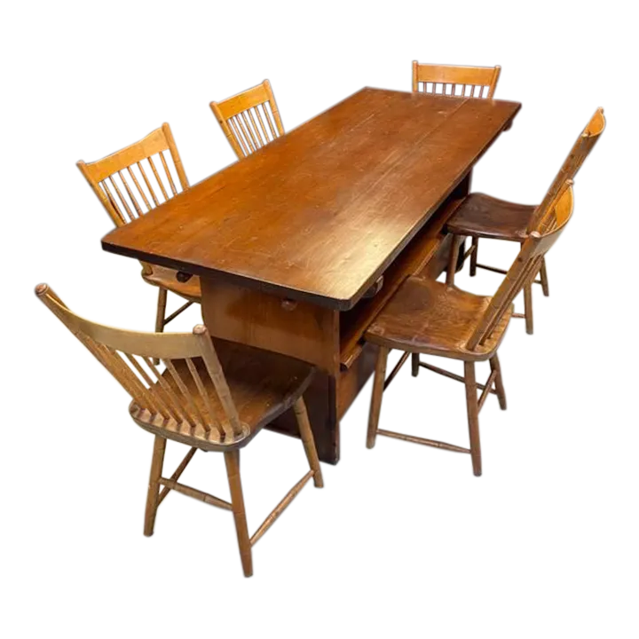 19th Century Primitive Pine Hutch Dining Table Set, 6 Chairs with Built