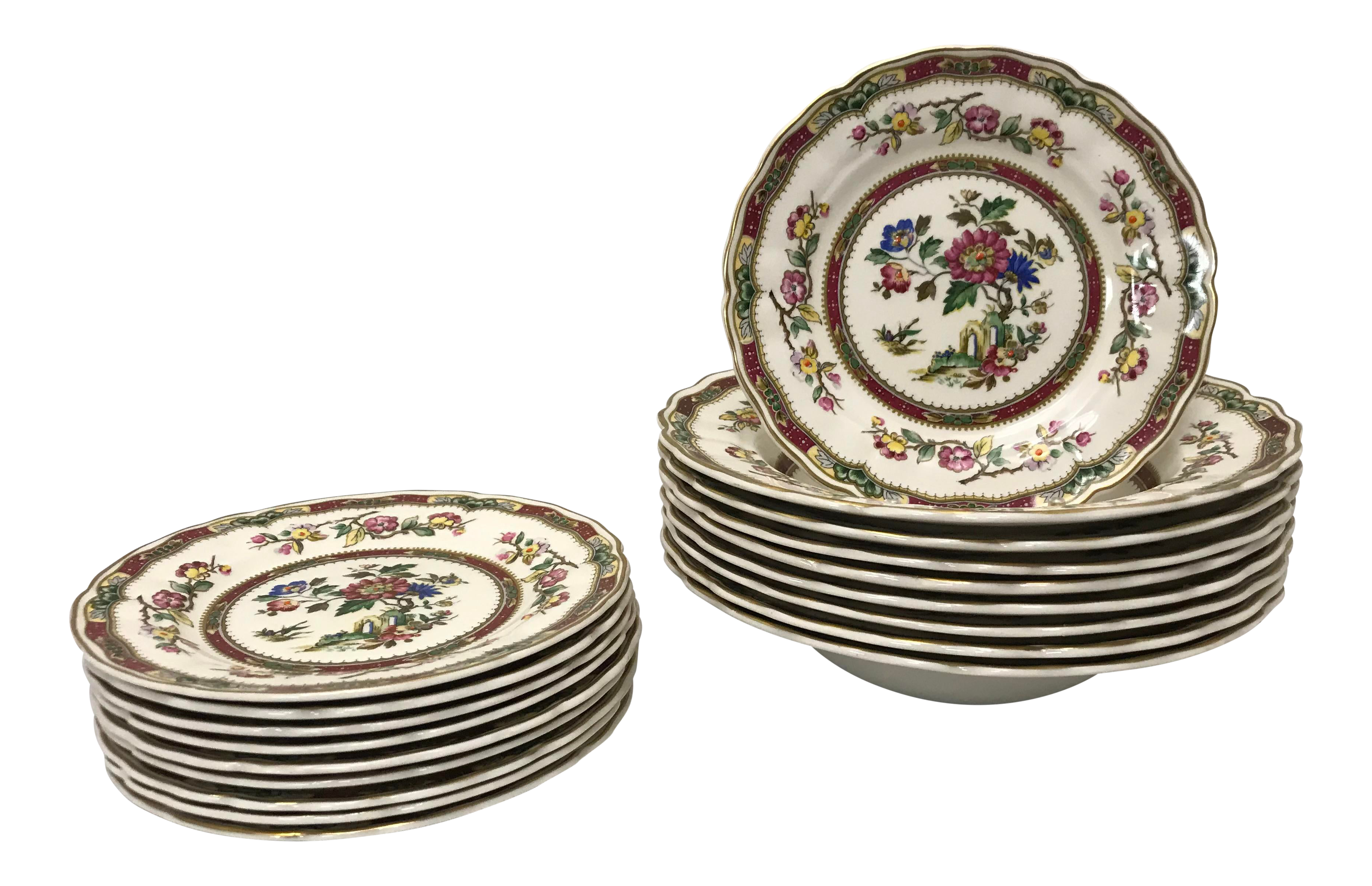 1950s Antique Marlborough Royal Petal English Plates Set Of 18