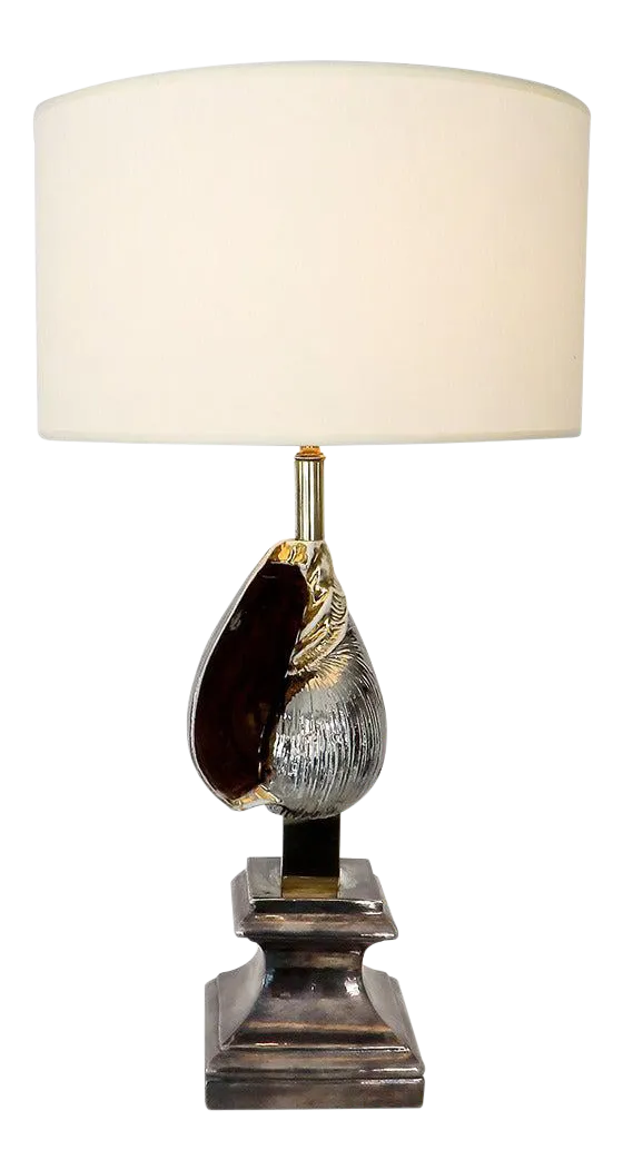 French Table Lamp Silver and Gold Glazed Ceramic Seashell Classical