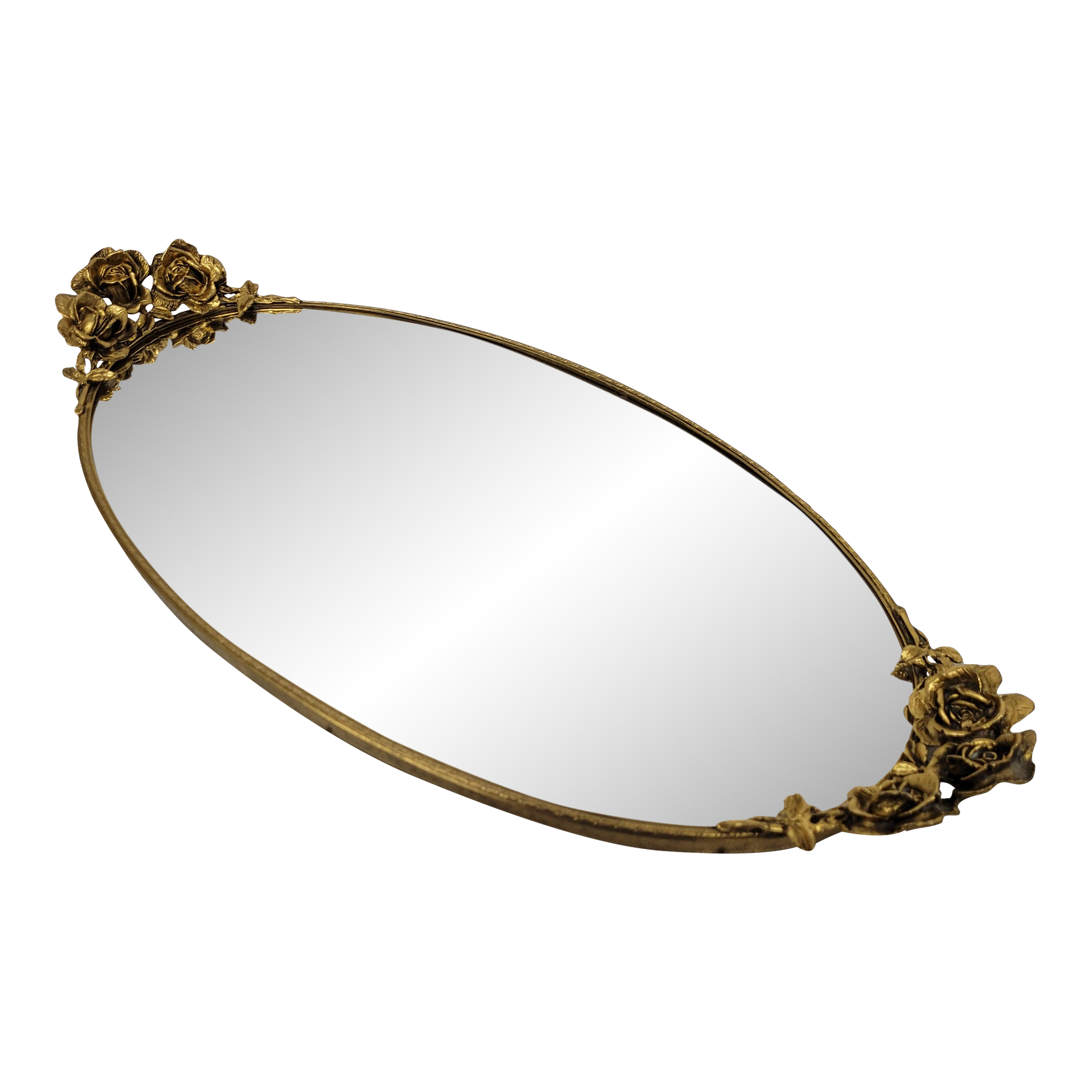 1960s Vintage Gold Vanity Mirror Oval Tray Filagree Roses Neoclassical