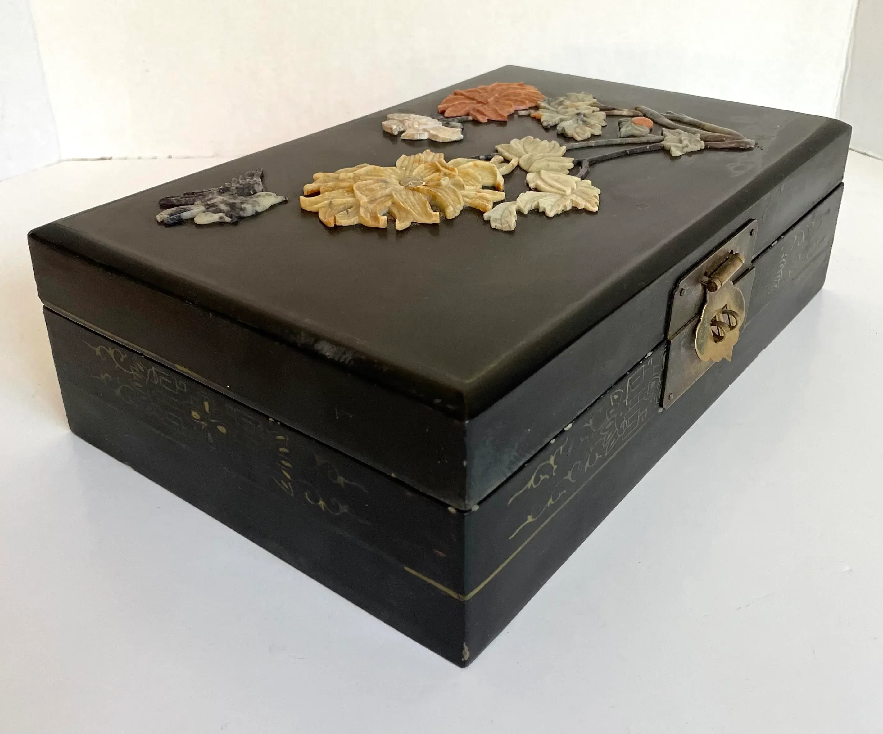 Antique Asian Black Lacquer and Carved Natural Stone Jewelry Box