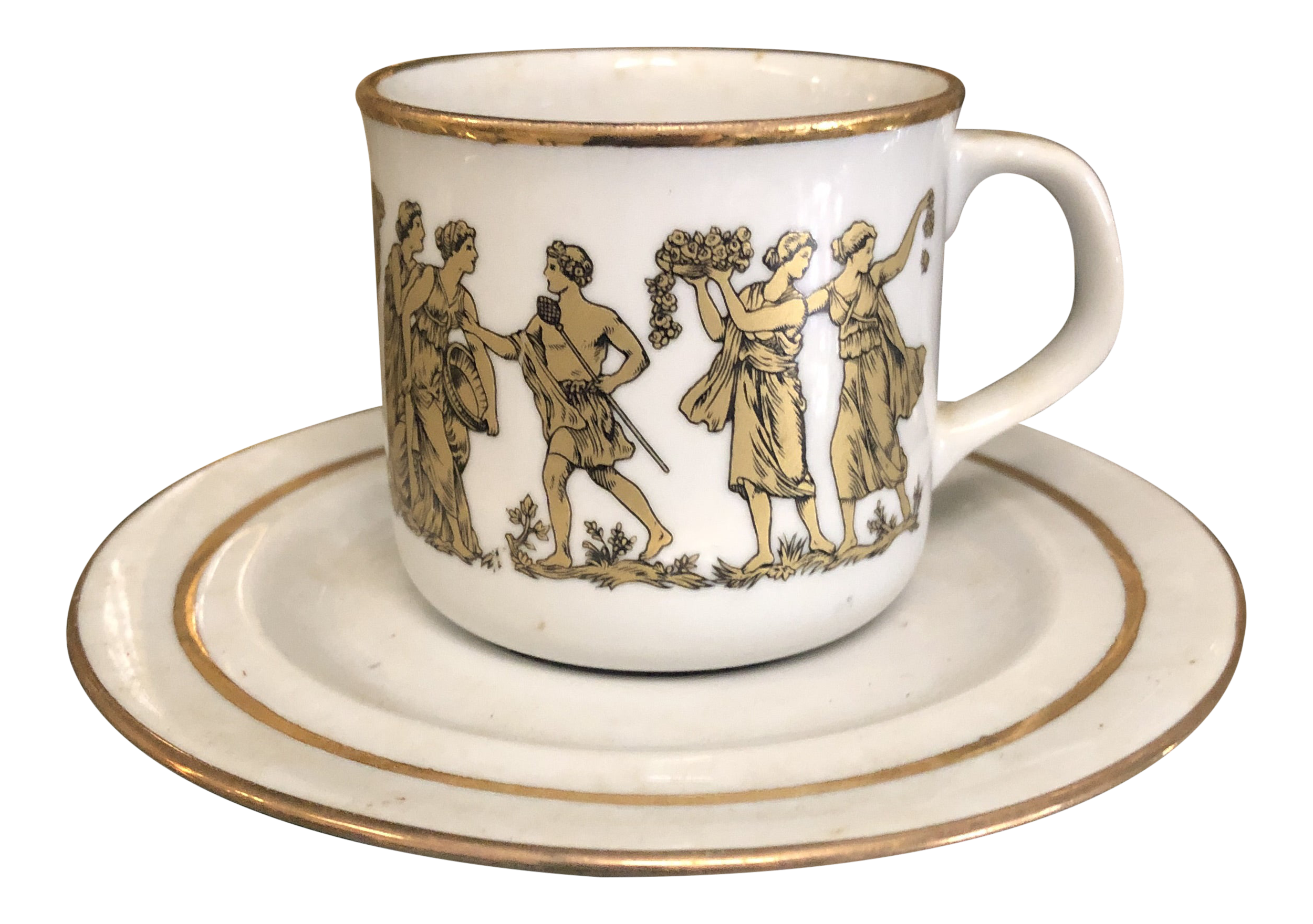 油彩画　coffee time 1980s Kautechniki Greece 24 Kt Gold Painted Cup & Saucer