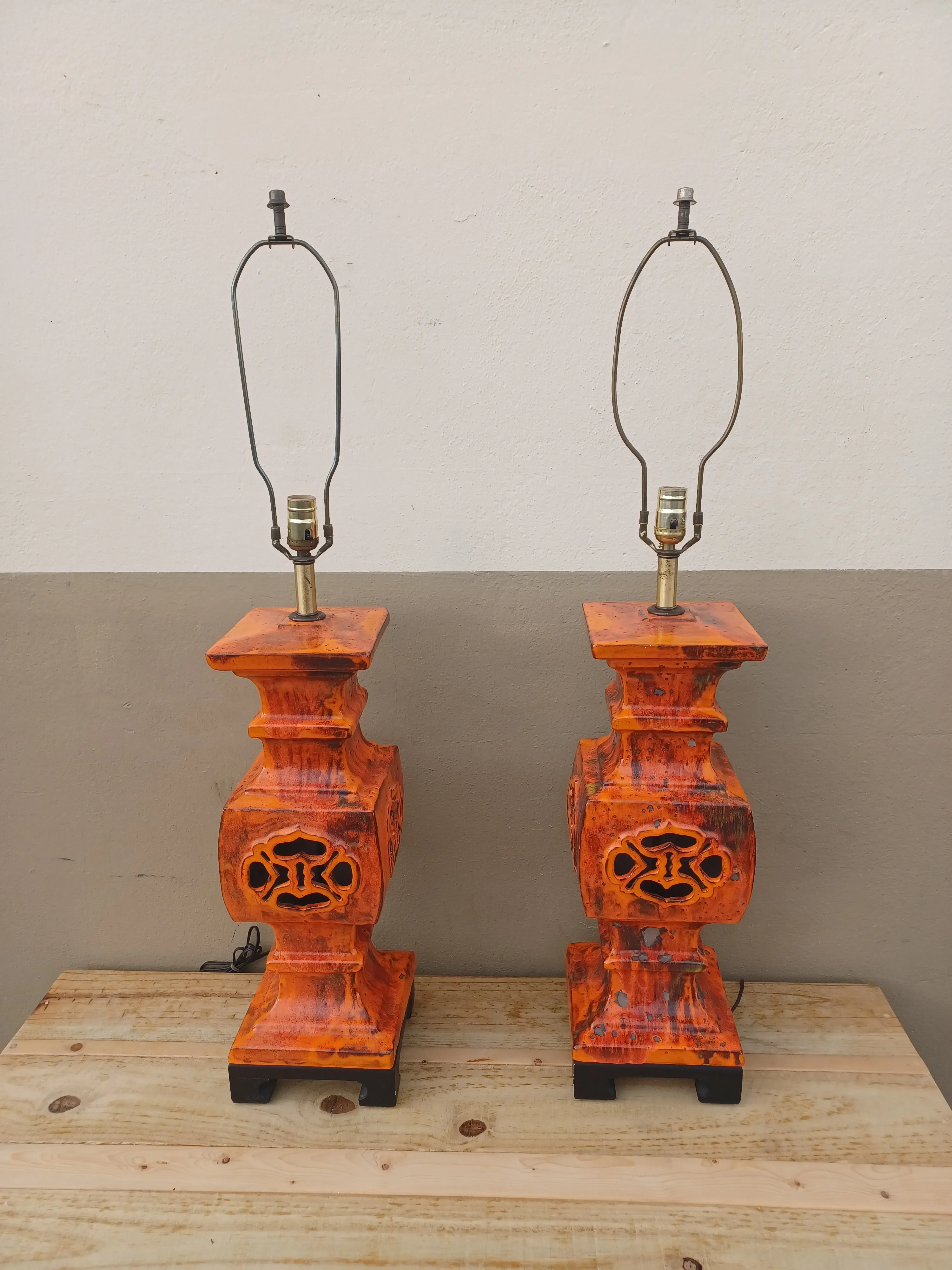 Pair of Vintage 1960s Modern Lava Glazed Orange Lamps | Chairish, image size:3000x4000