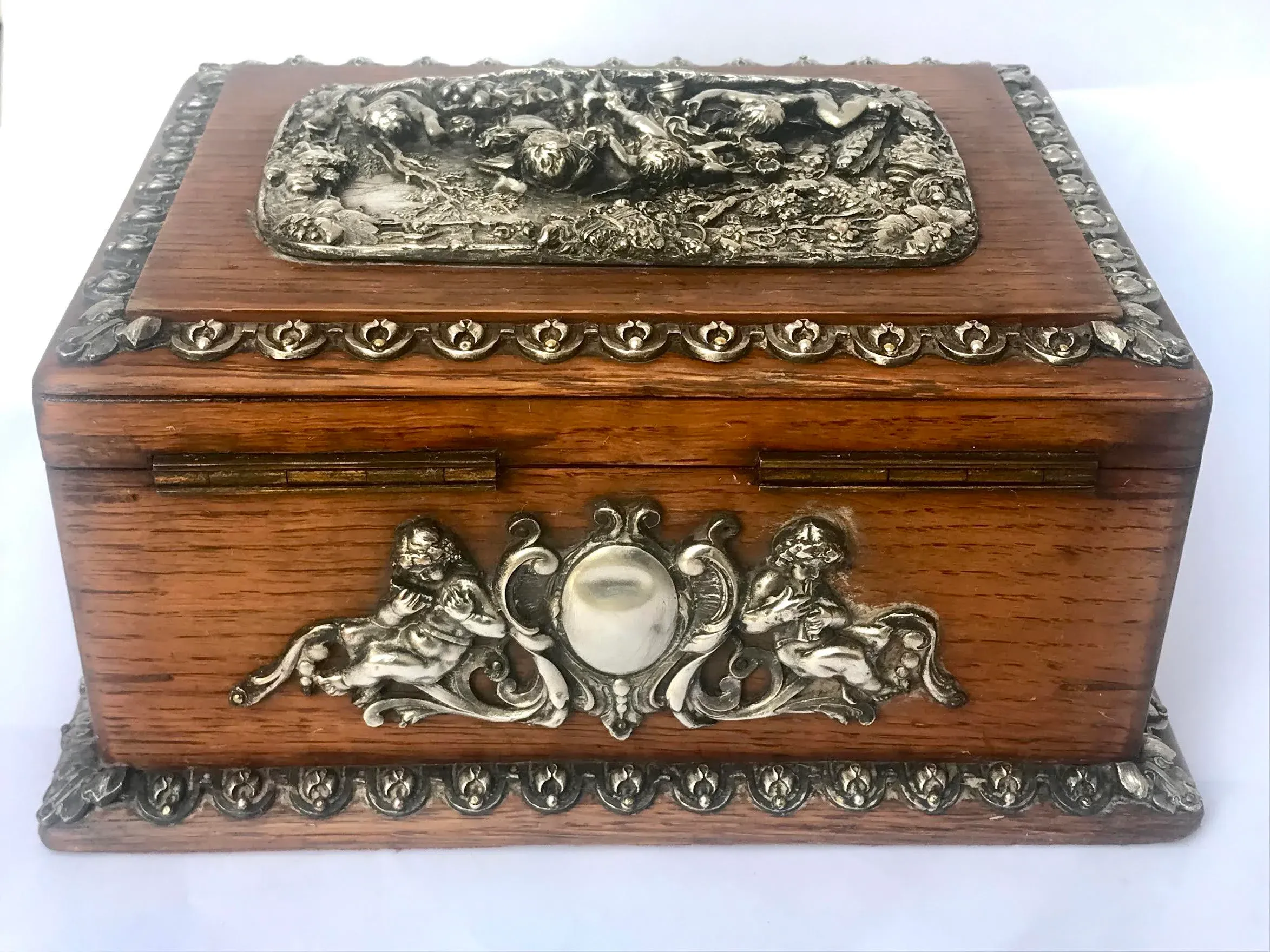 Antique Silver Mounted Oak Wood Jewelry Box Art Nouveau