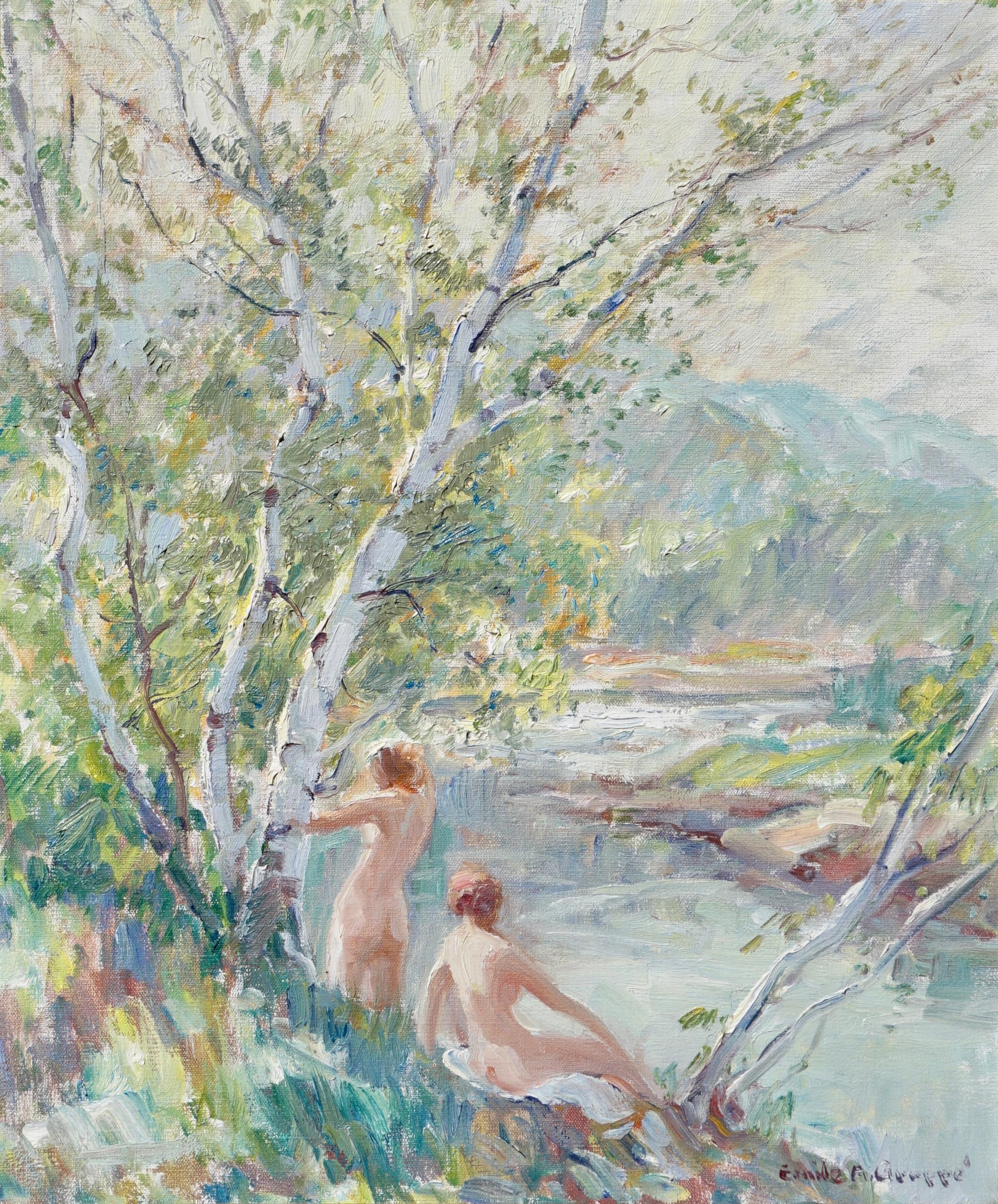 Emile Albert Gruppe “Nymphs” Oil Painting Nudes by a River | Chairish