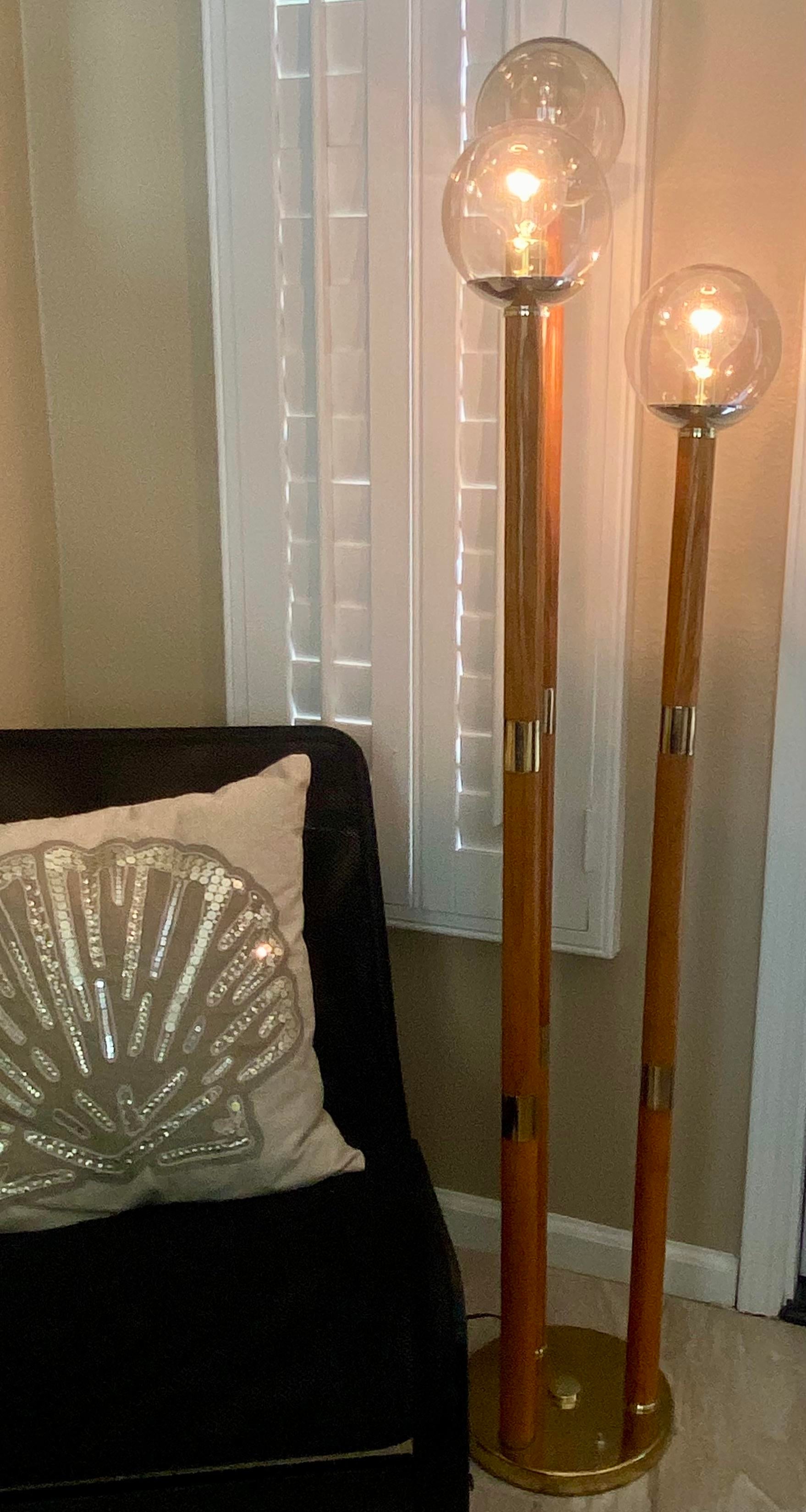70s Mid-Century 3-Globe Oak Brass Floor Lamp Chairish