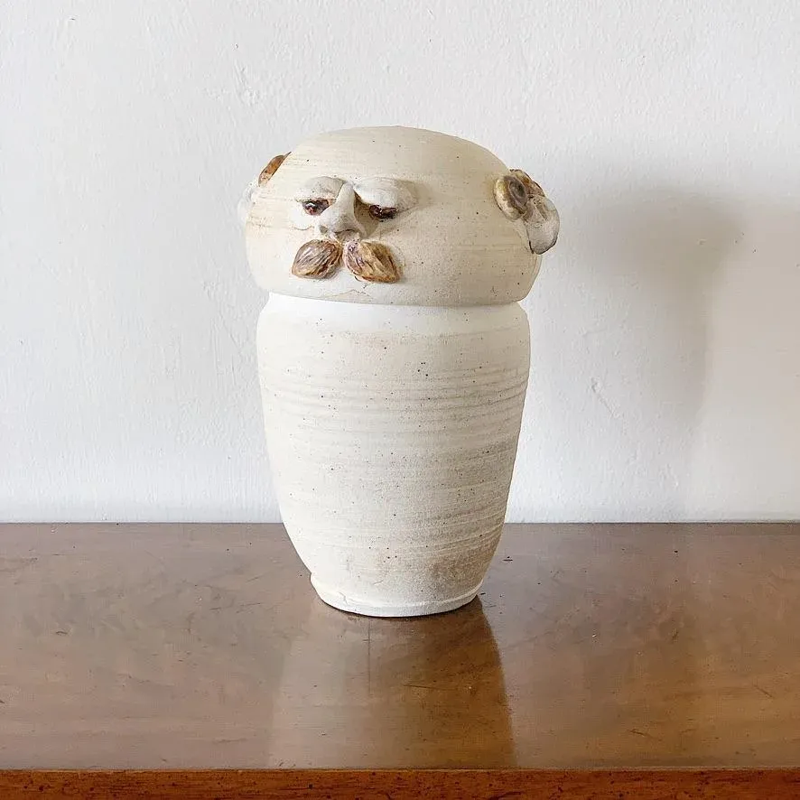 Mid-Century Ceramic Lidded Jar Canister With Rendered Character Mustached Face