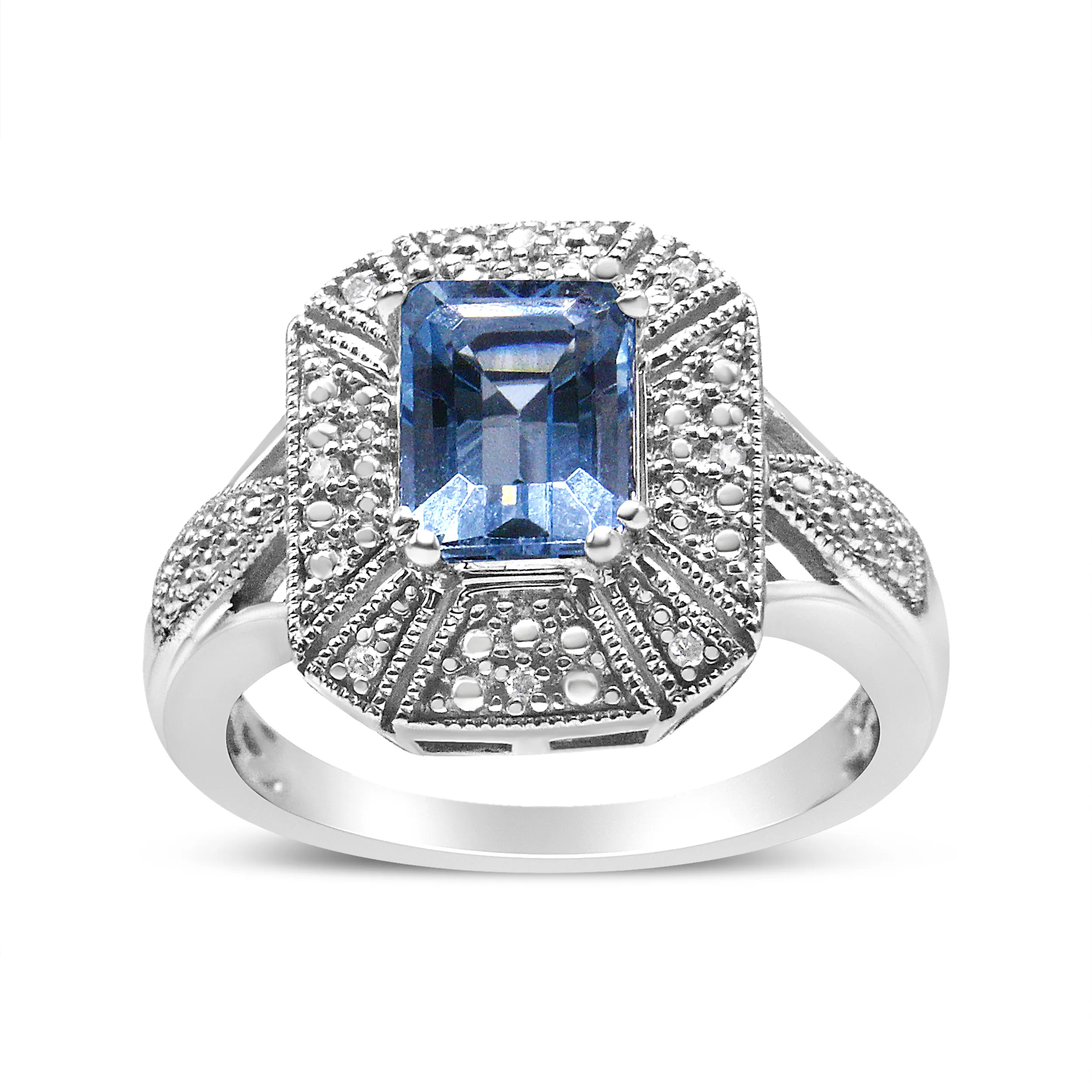 ☆TATIANA☆ Silver 925 Blue Sapphire Emerald Bezel RingCR048 925 Sterling Silver Diamond Accent and 8X6 mm Emerald-Shape