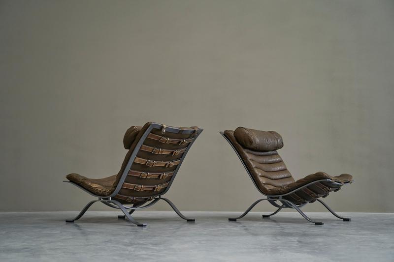 Ari Lounge Chairs in Steel and Patinated Leather by Arne Norell, 1960s, Set of 2