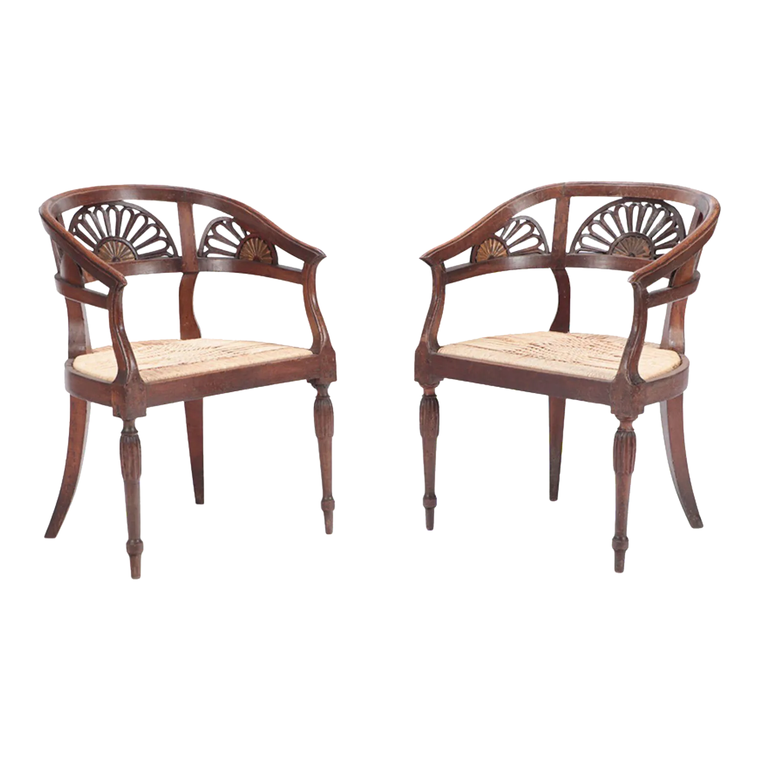 Italian Walnut Open Arm Chairs With Cord Seats and Cut Out Design