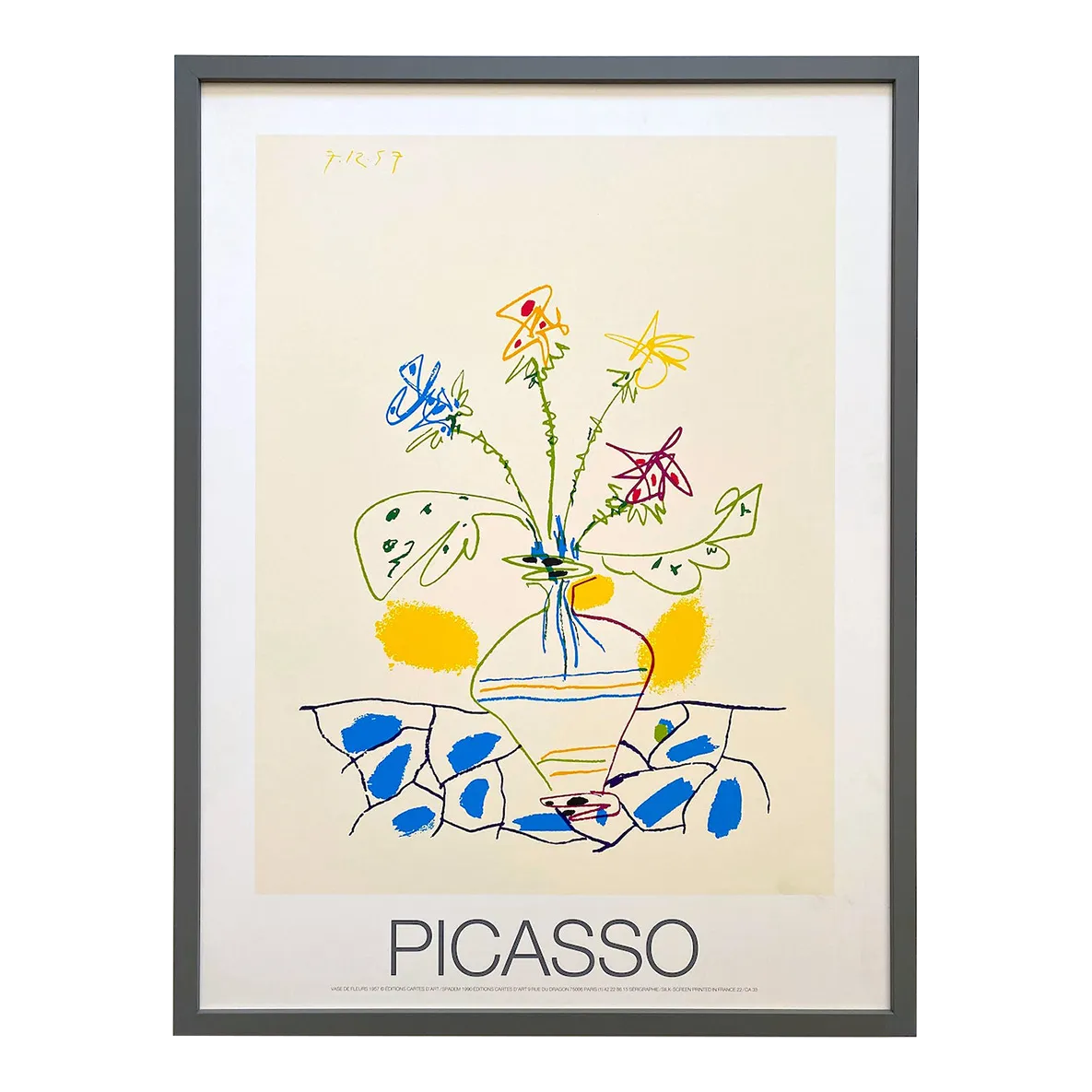 Pablo Picasso、Verre et vase de fleurs Pablo Picasso Vintage 1990 Mid Century Modern Silkscreen