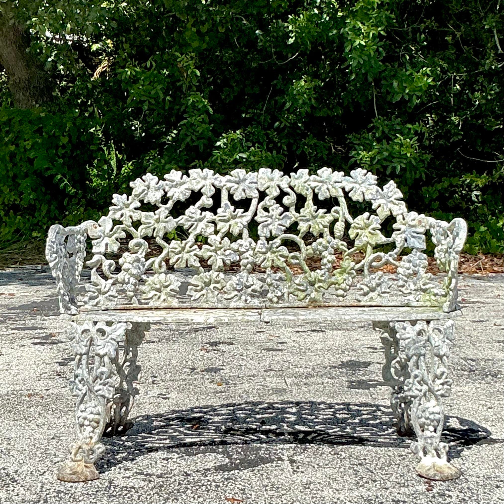 Vintage Regency Wrought Iron Grape Leaf Bench | Chairish