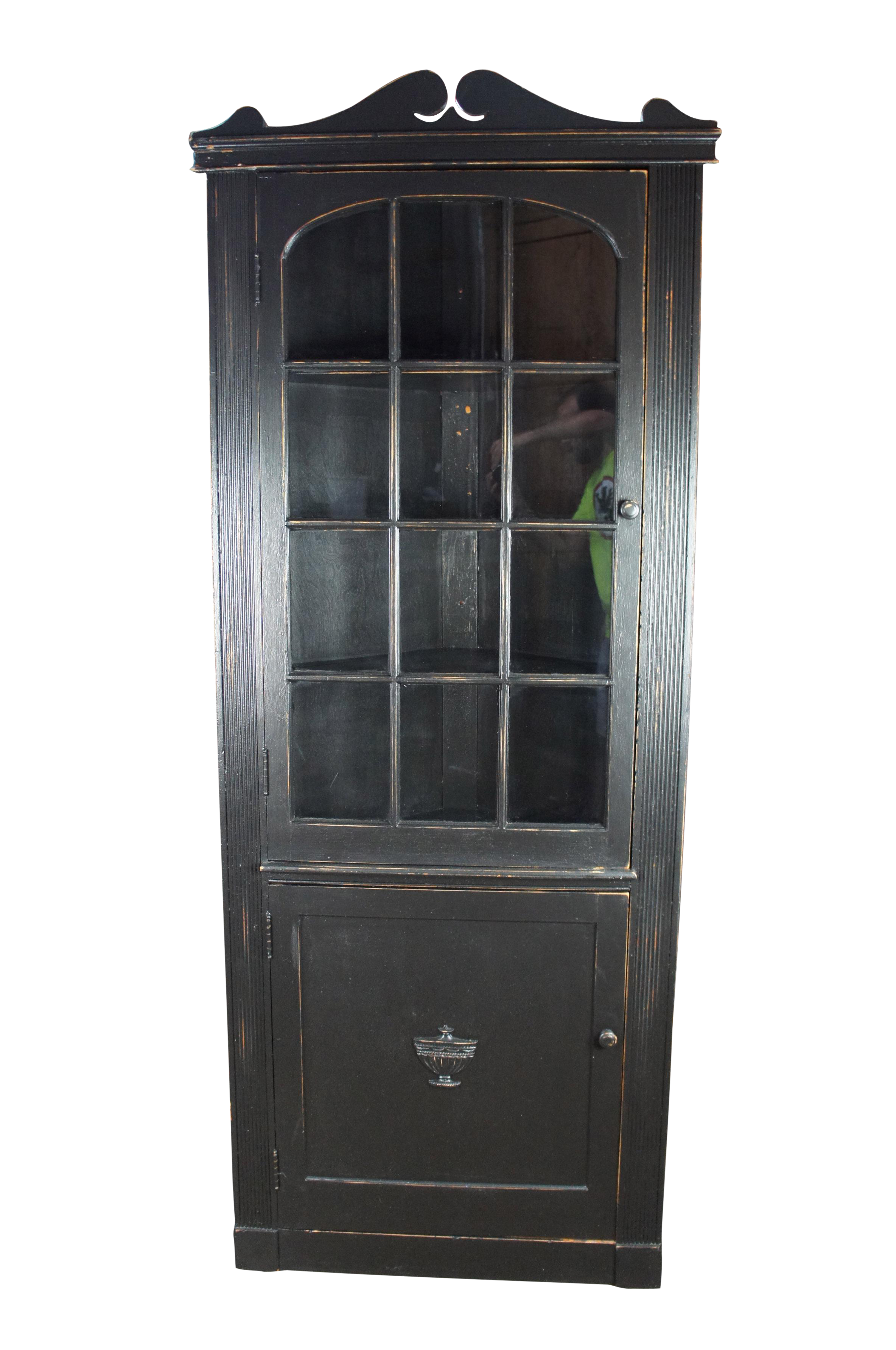 Vintage Colonial Revival Rustic Black Country Corner Cabinet
