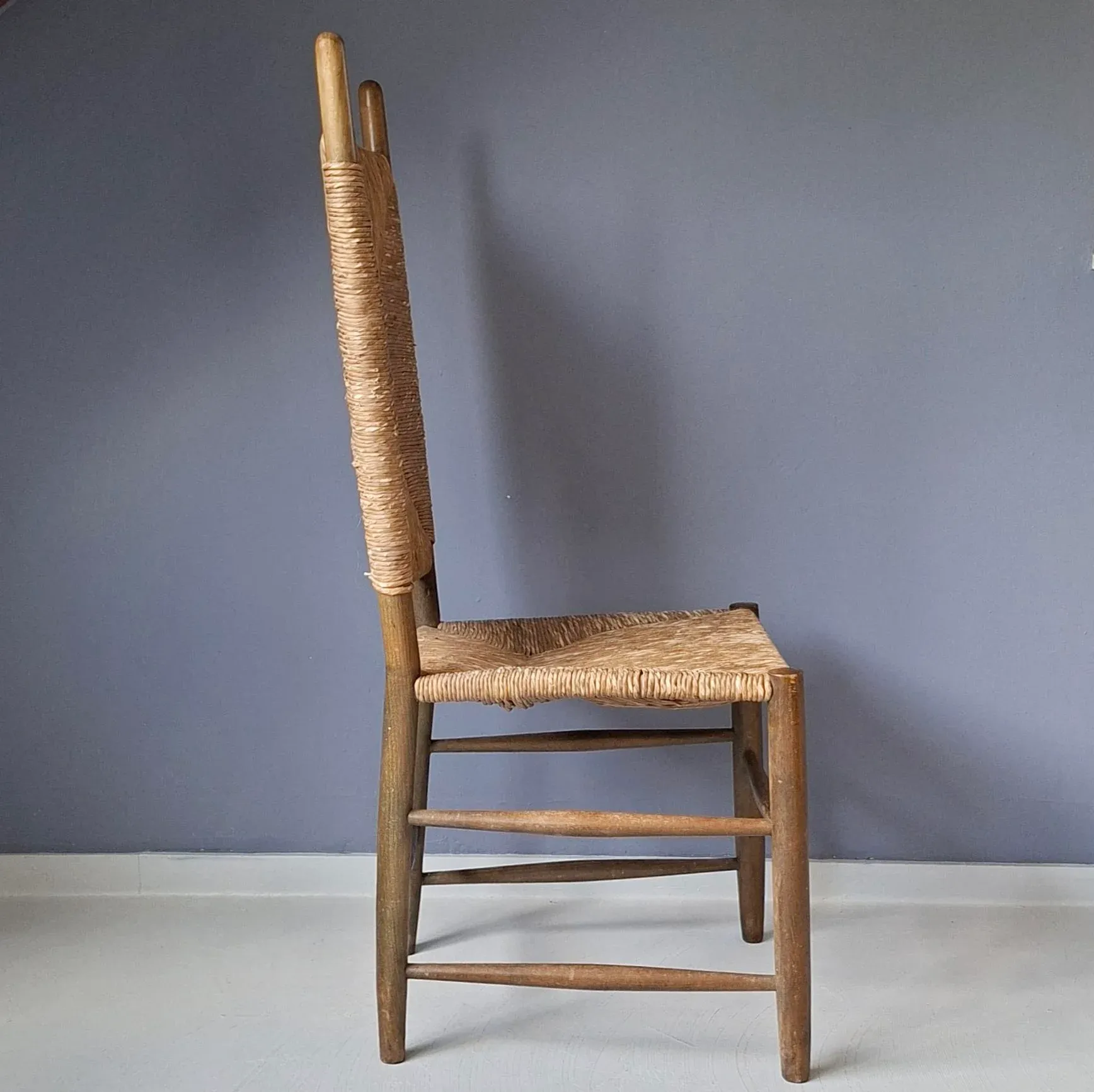 Spanish High Back Chair with Rush Seat and Backrest, 1950s