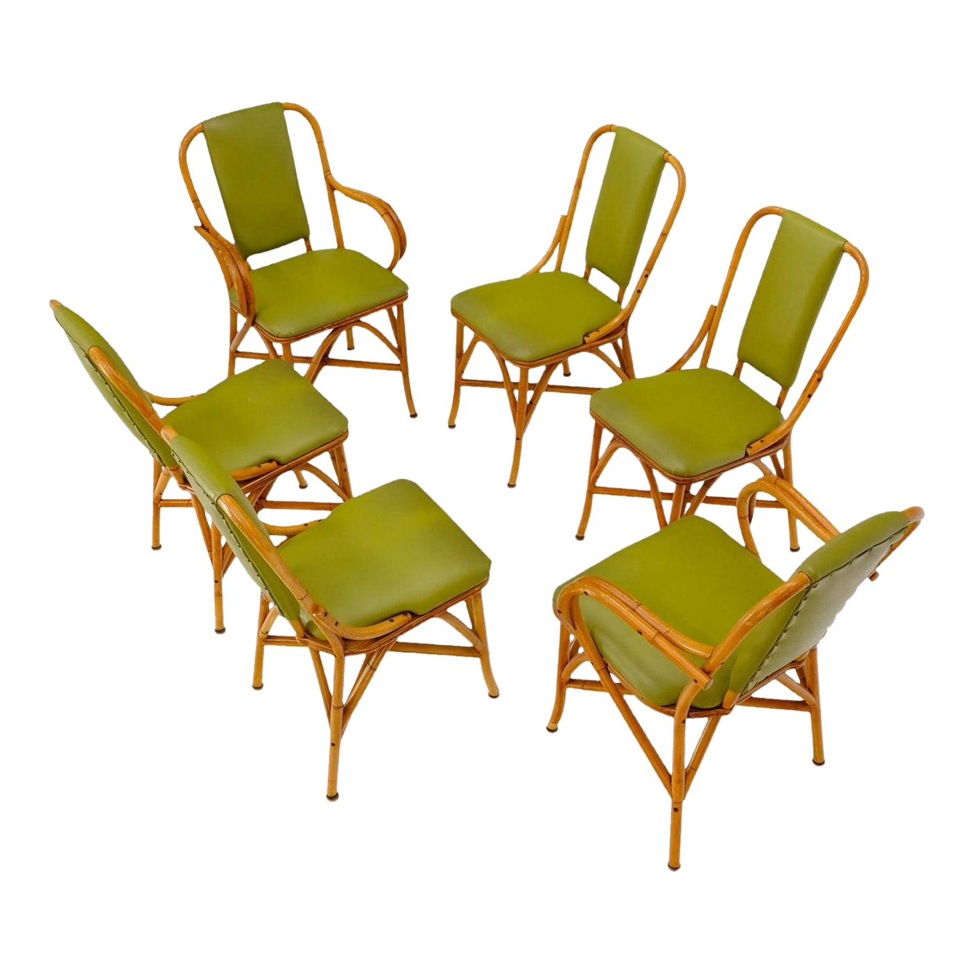 Set of 6 Vintage Rattan Bamboo Dining Chairs w/ Green Upholstery Chairish