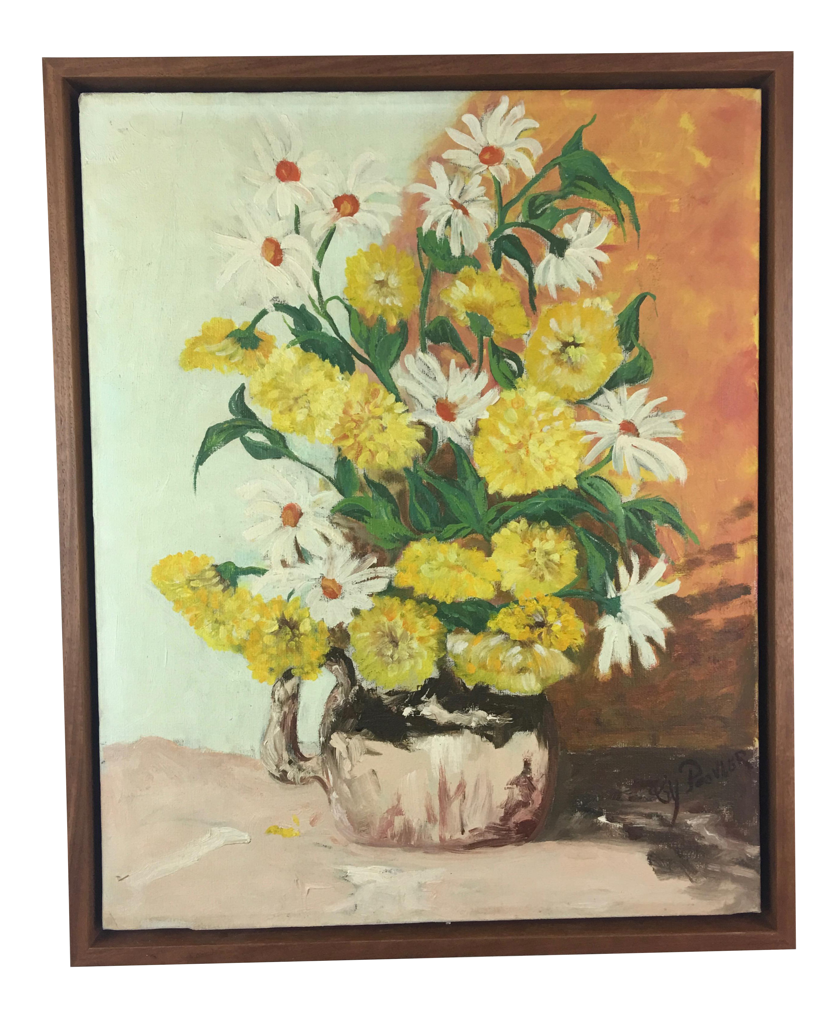 Vintage Oil Painting Yellow Flowers in Vase, Signed Chairish