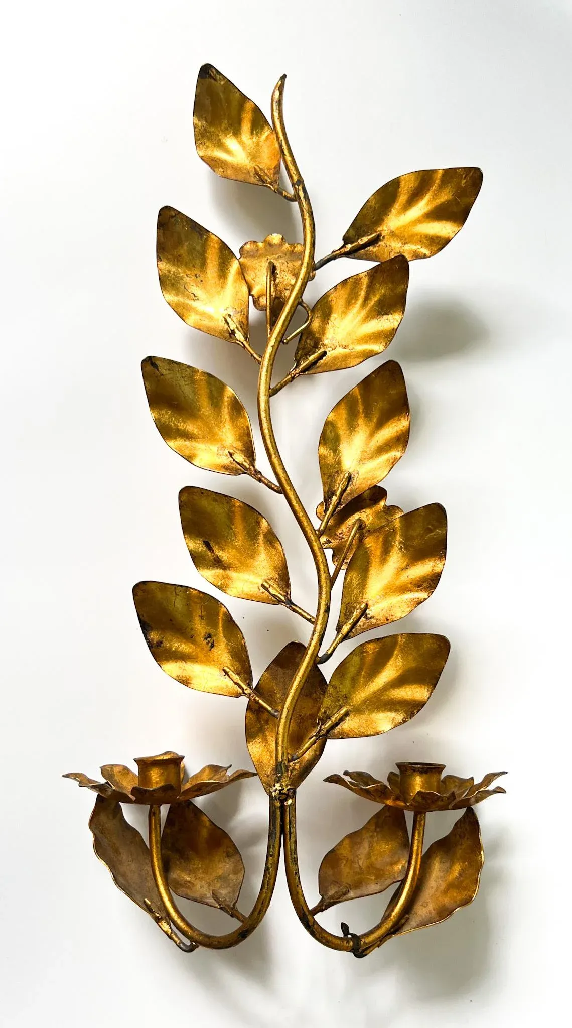 Mid-Century Italian Gold Gilt Leaf and Floral Wall Sconce Candle Holders -  a Pair | Chairish, image size:1140x2048