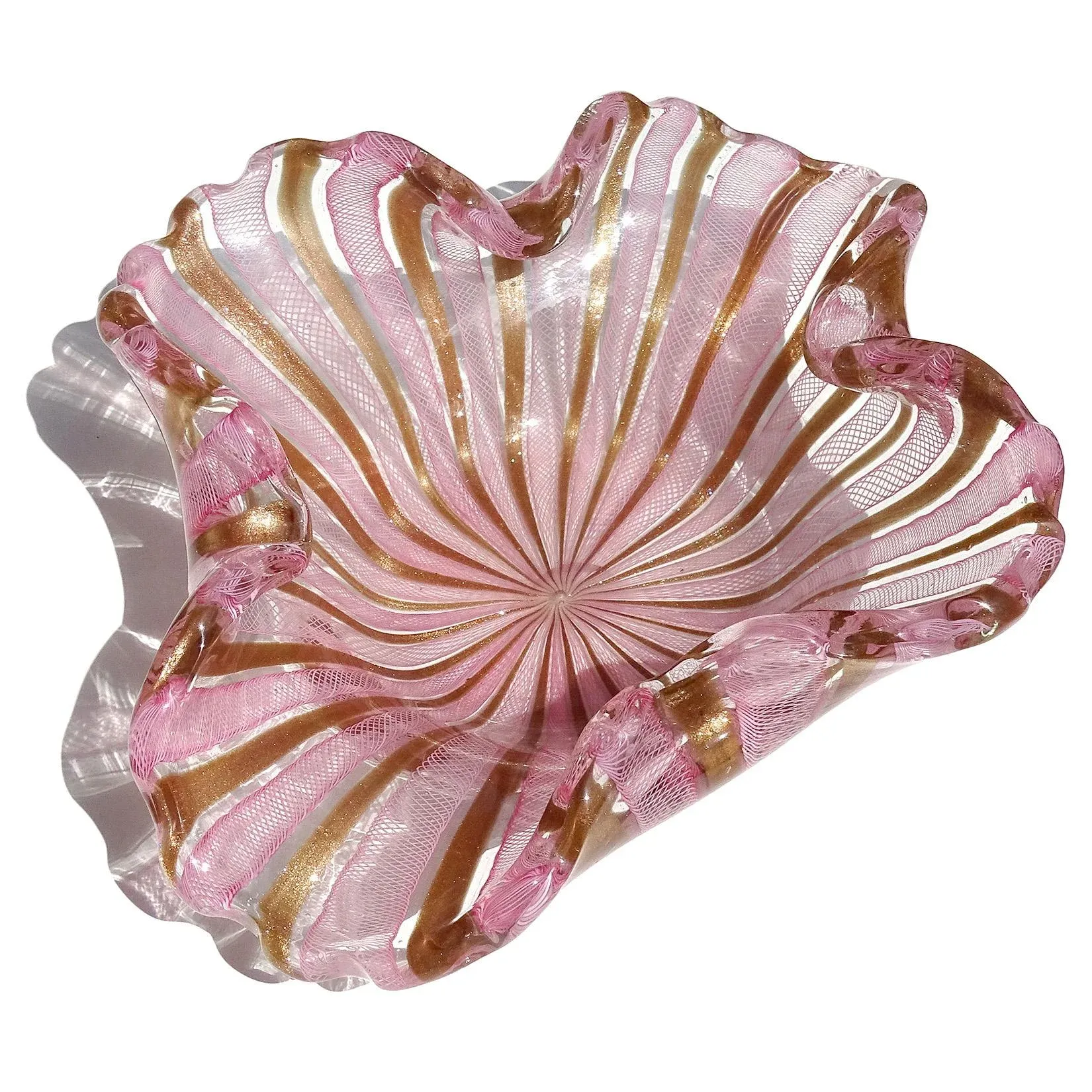 Murano Fratelli Toso Pink White Copper Aventurine Ribbons Vintage