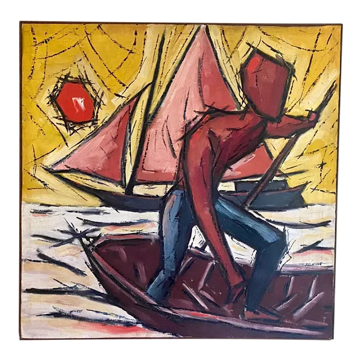 Vintage Mid Century Signed Man on a Boat Painting on Canvas