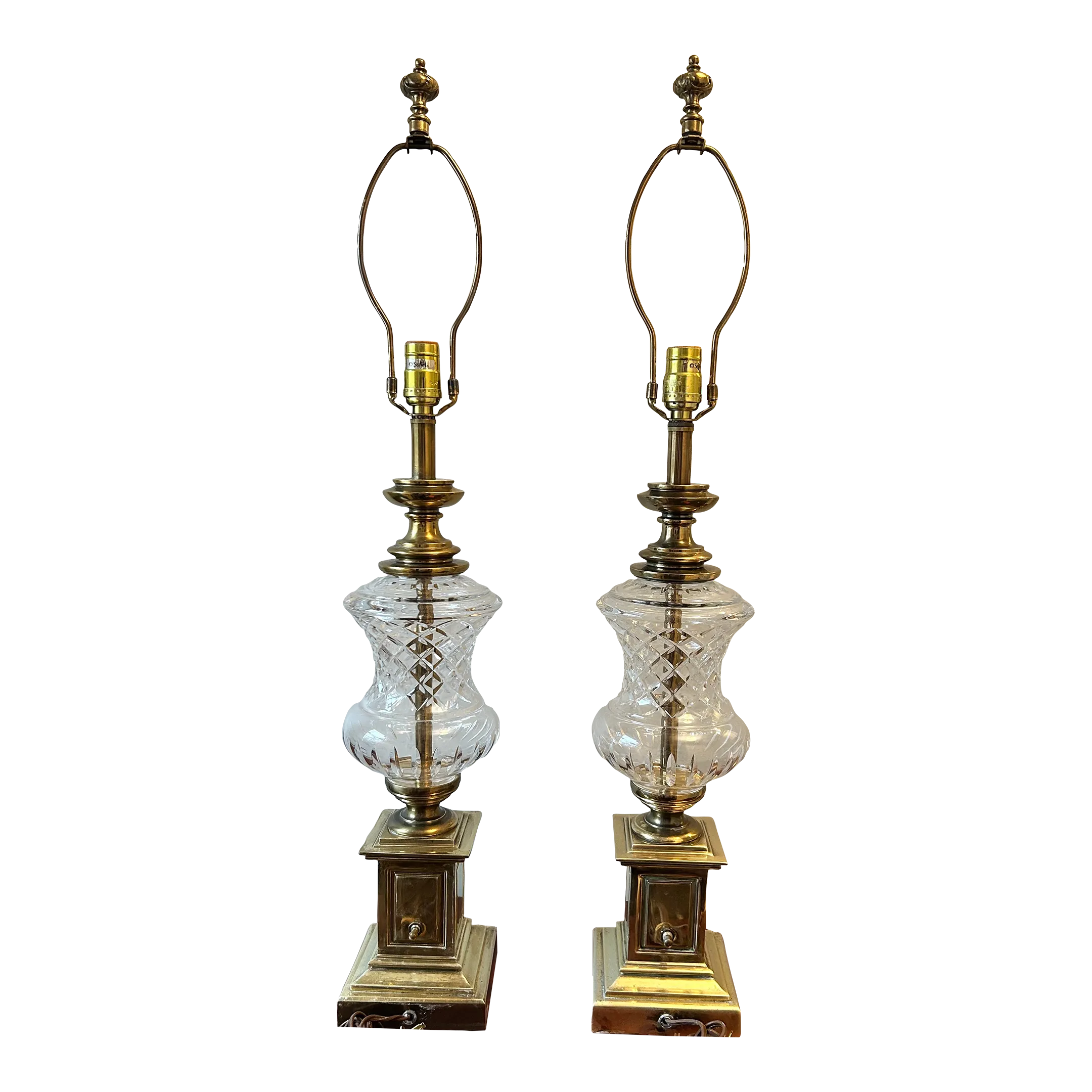 Mid Century Stiffel Brass and Crystal Column Lamps a Pair