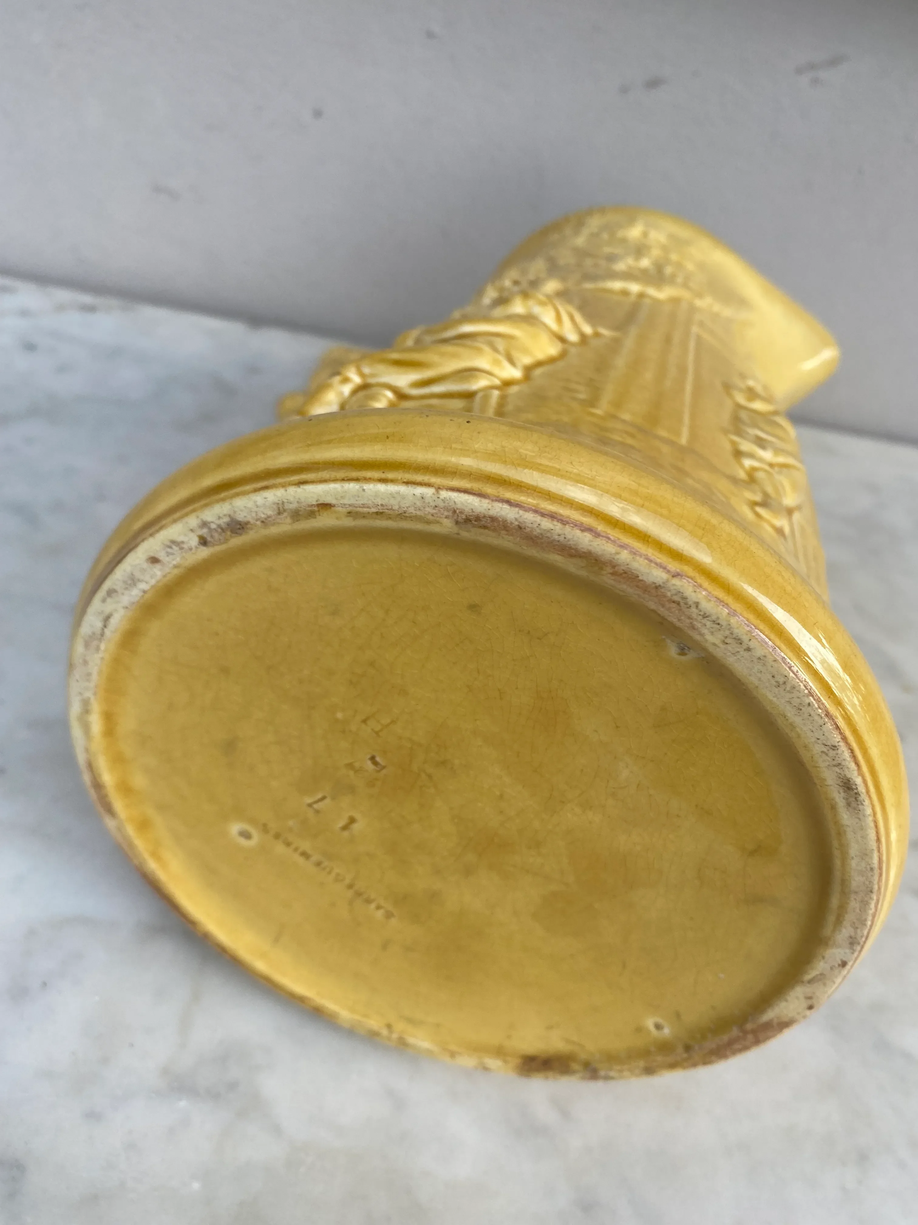 Late 19th Century Vintage Sarreguemines Yellow Majolica Pitcher