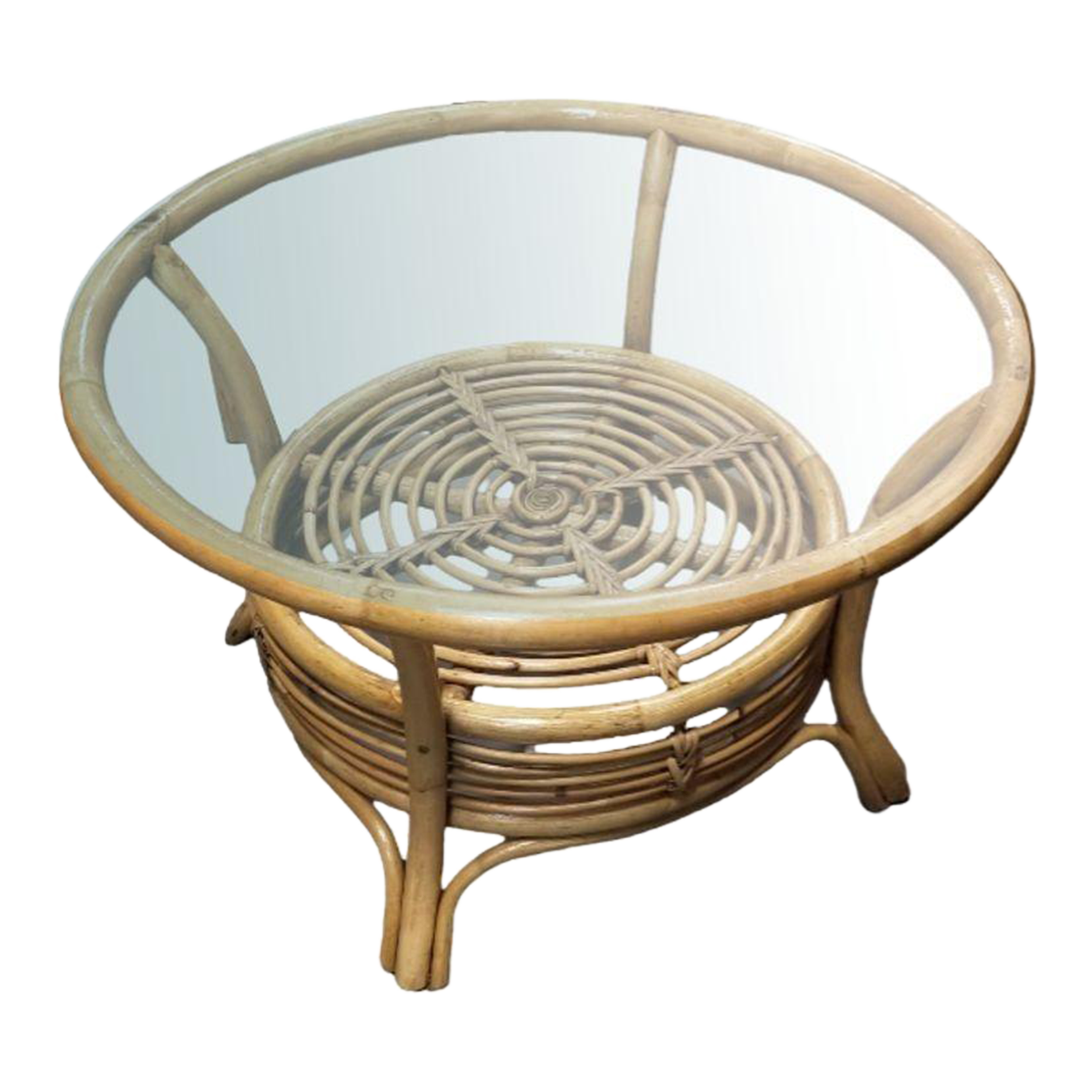 Restored Round Two-Tier Rattan Spiral Coffee Table With Glass Top