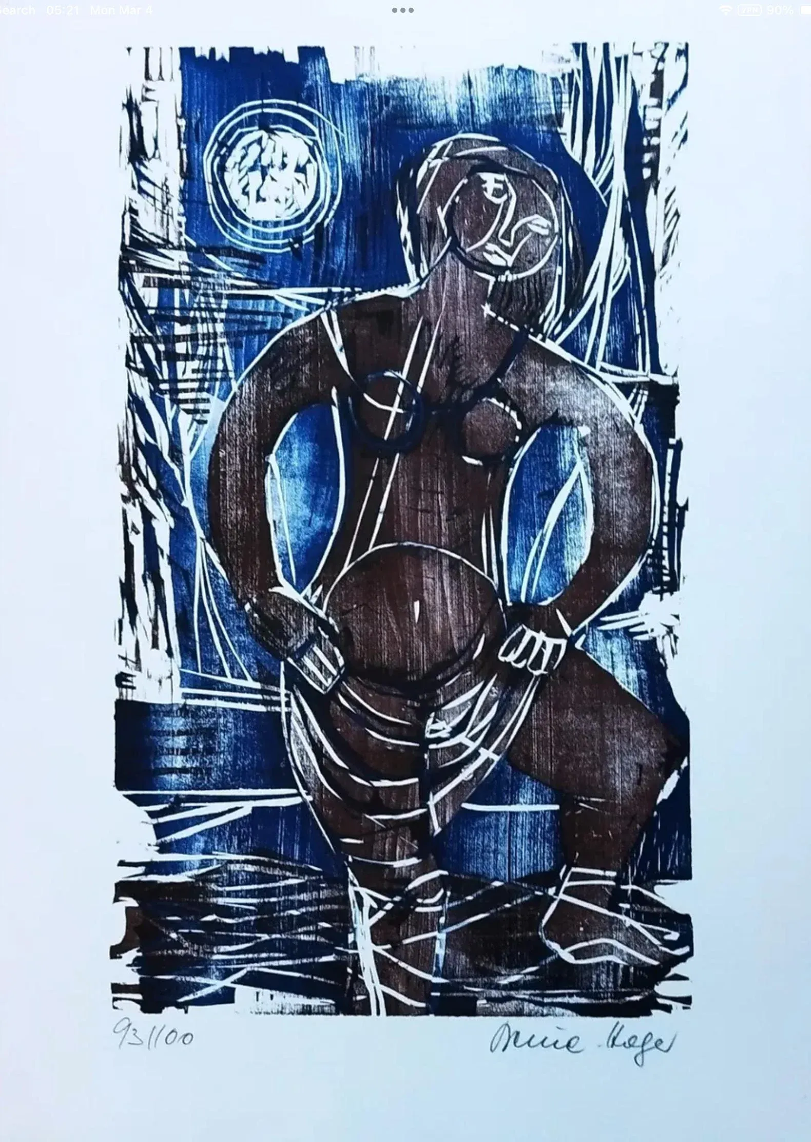 1970’s Modernist German Woodblock Print - Signed - Maria Beine Hager - Woman in Moonlight