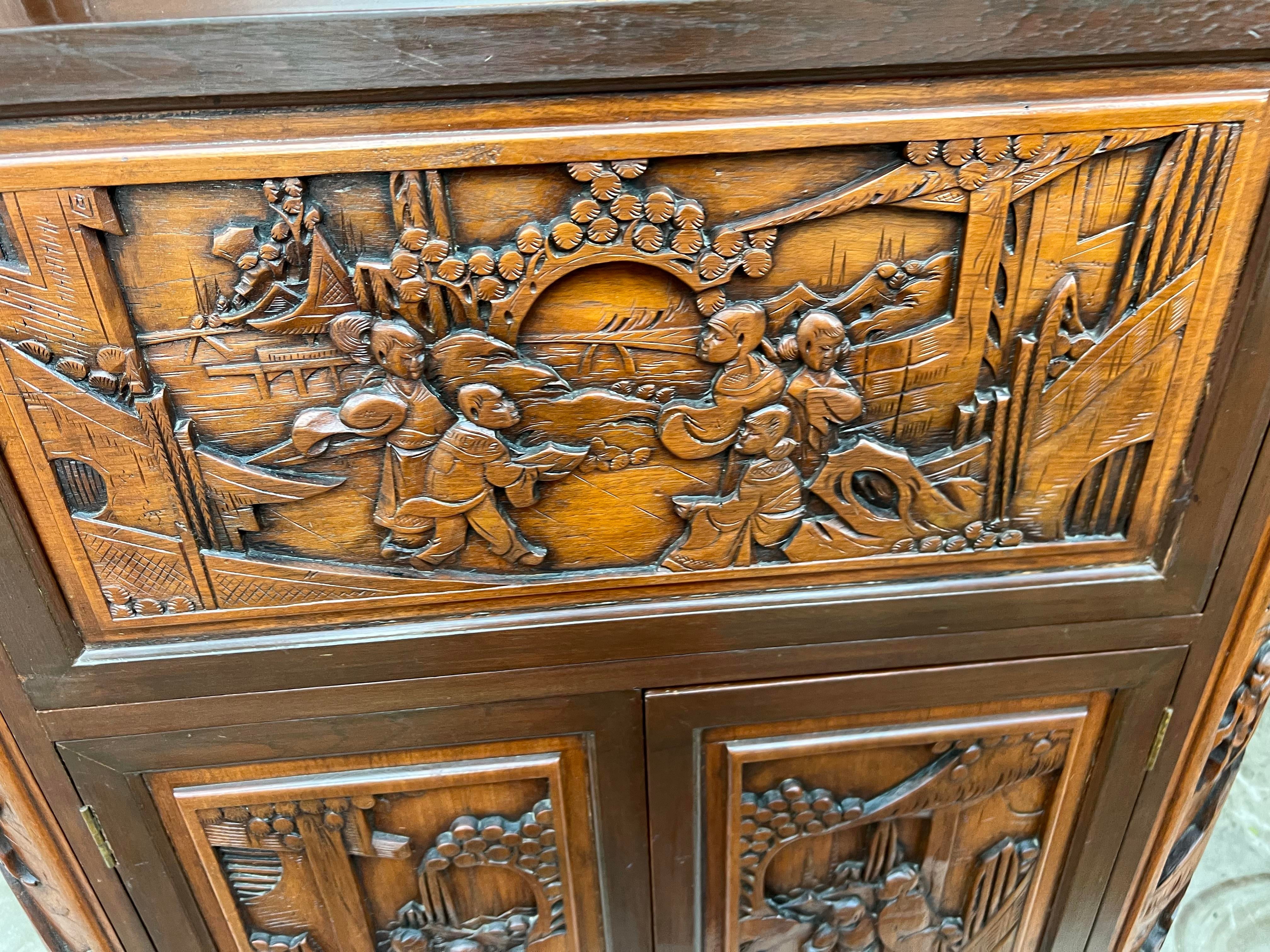 1960s George Zee Style Mid-Century Asian Heavily Hand Carved Flip