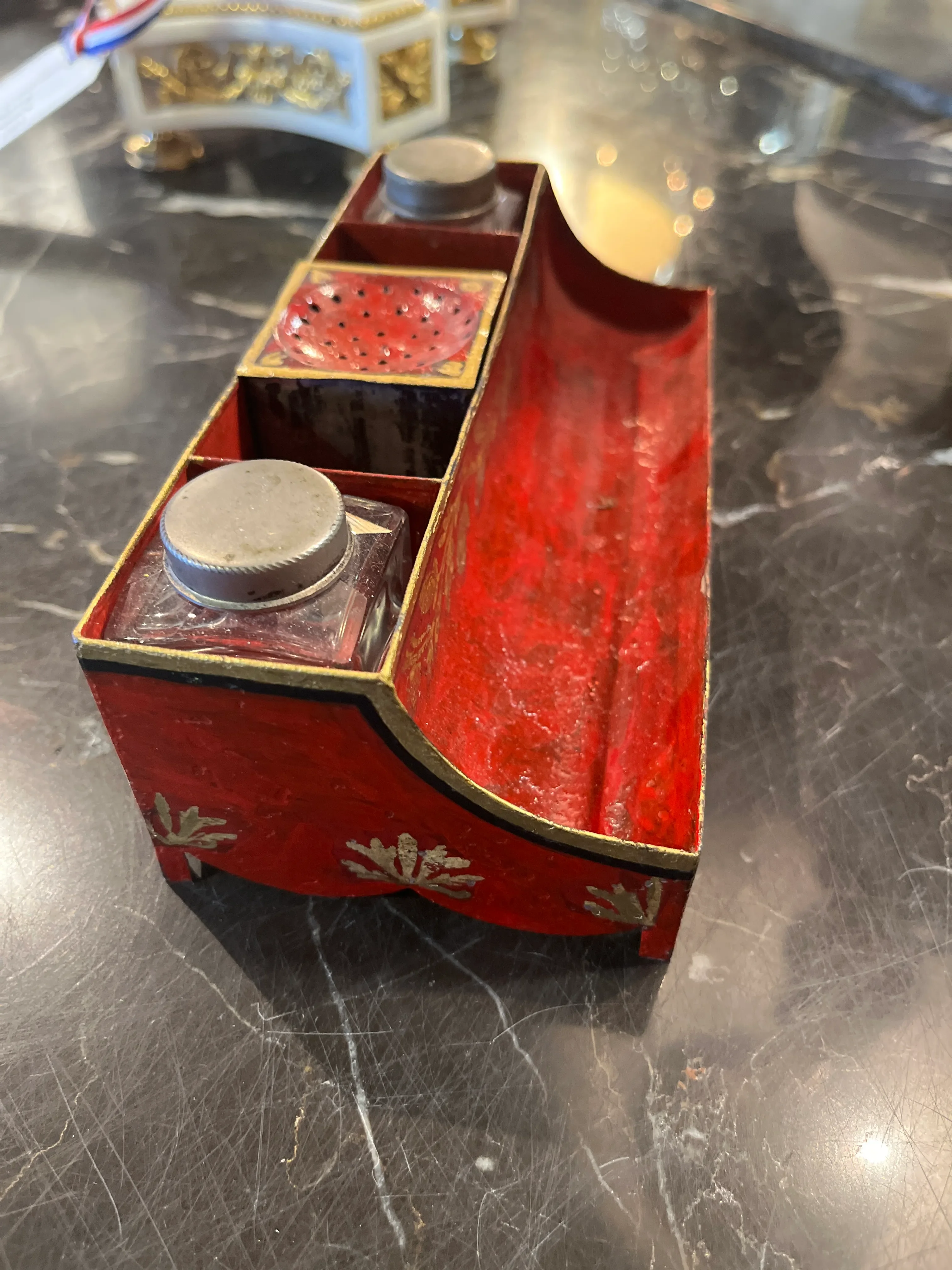 18th Century French Red Tole Painted Ink Stand