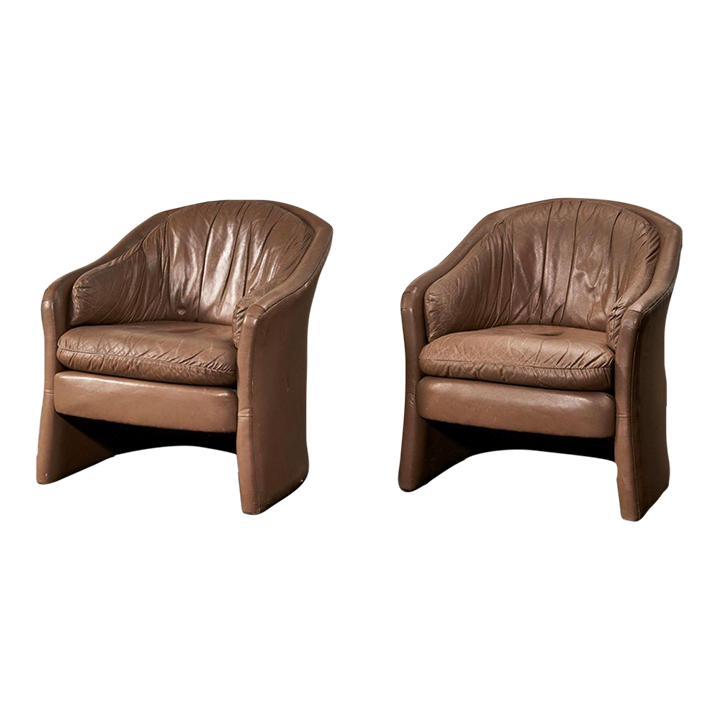 Pair Brown Leather Barrel Chairs, 1980 Chairish