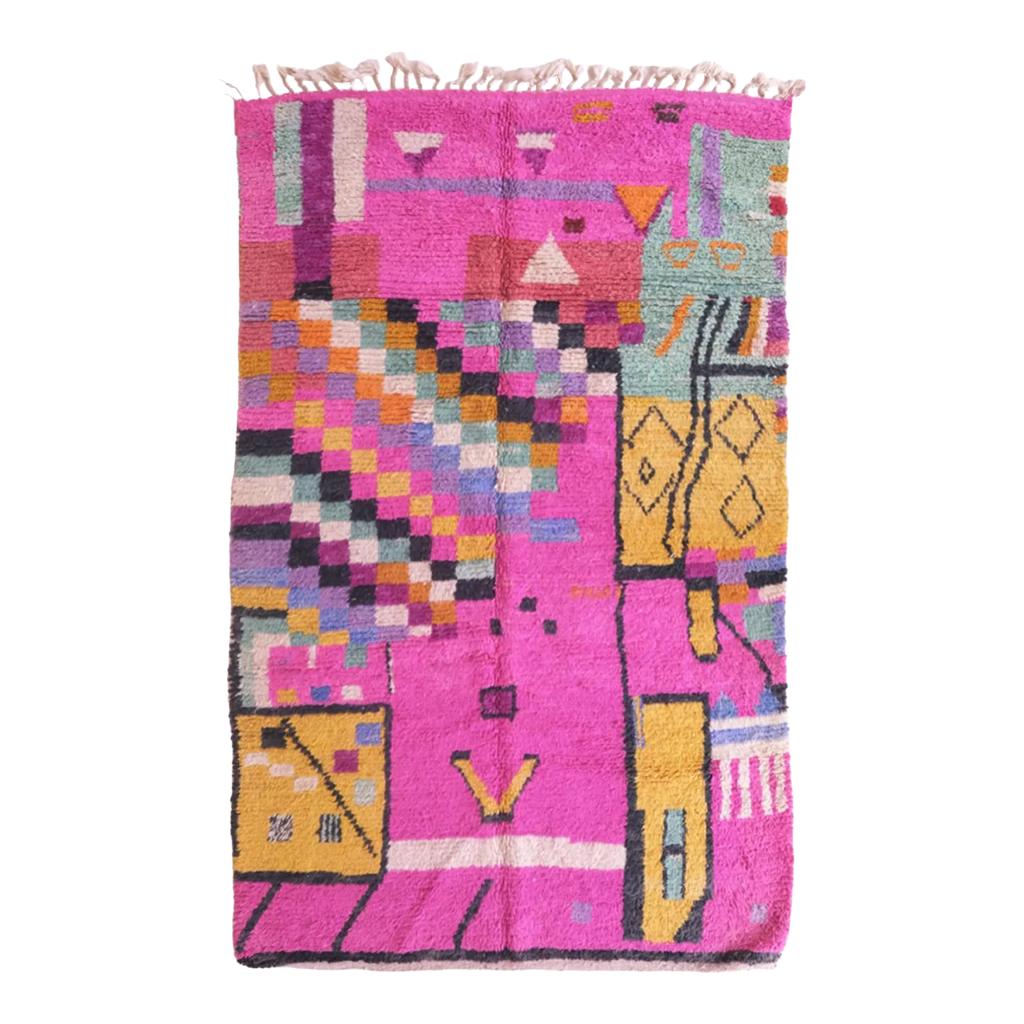 Tapis Marocain Boujaad - 7x9.6 Ft - Laine Tissée Main - Motifs Berbères Géométriques - Multicolore