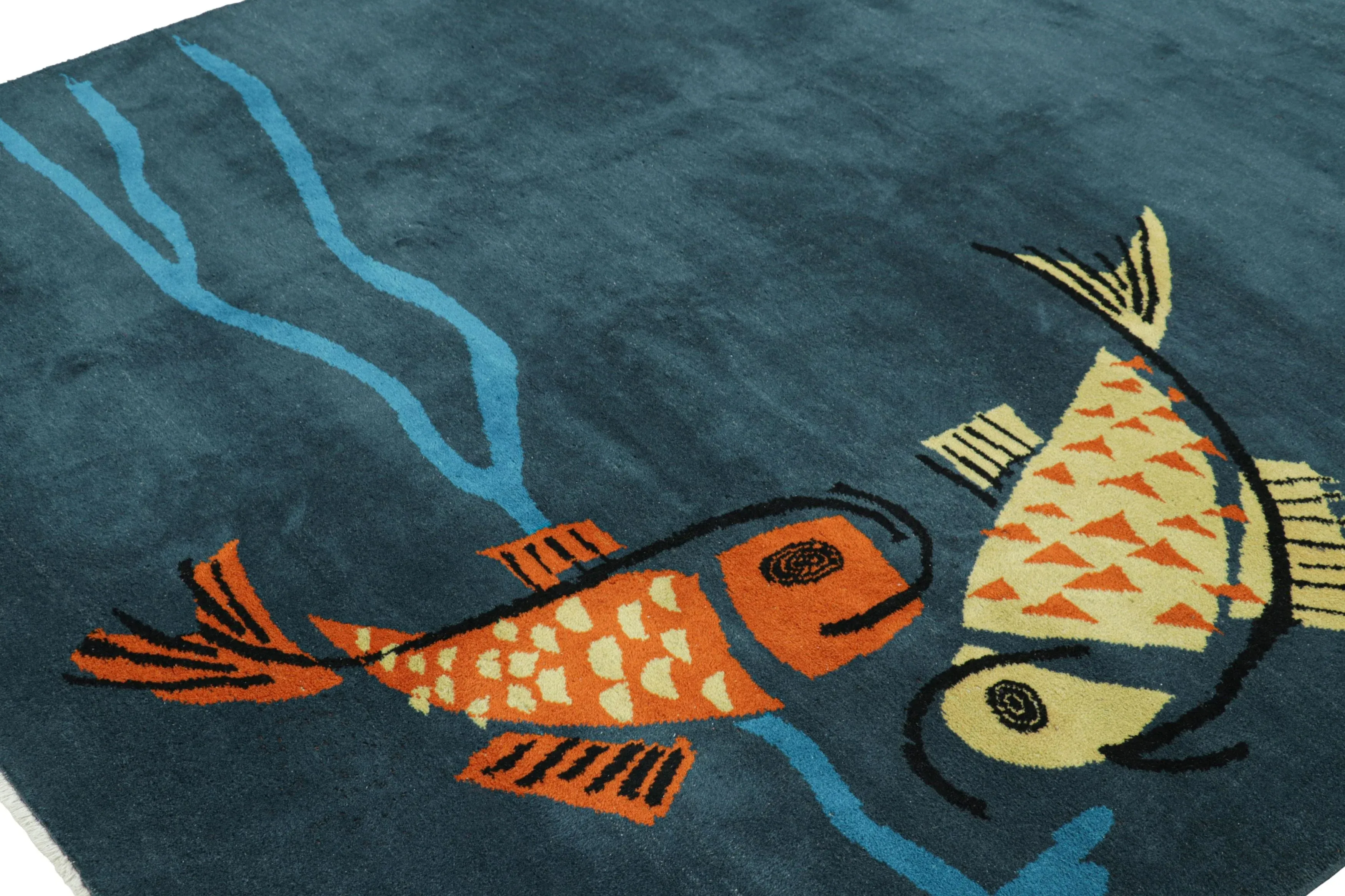 Vintage Zeki Müren Rug in Navy Blue With Fish Pictorials | Rug